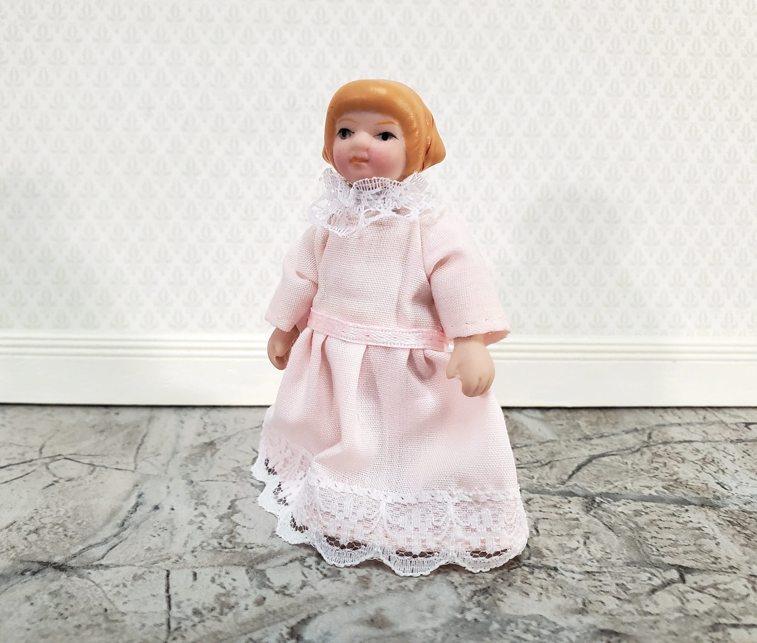 Dollhouse Girl Little Sister Doll Porcelain Pink Dress 1:12 Scale Miniature - Image 2