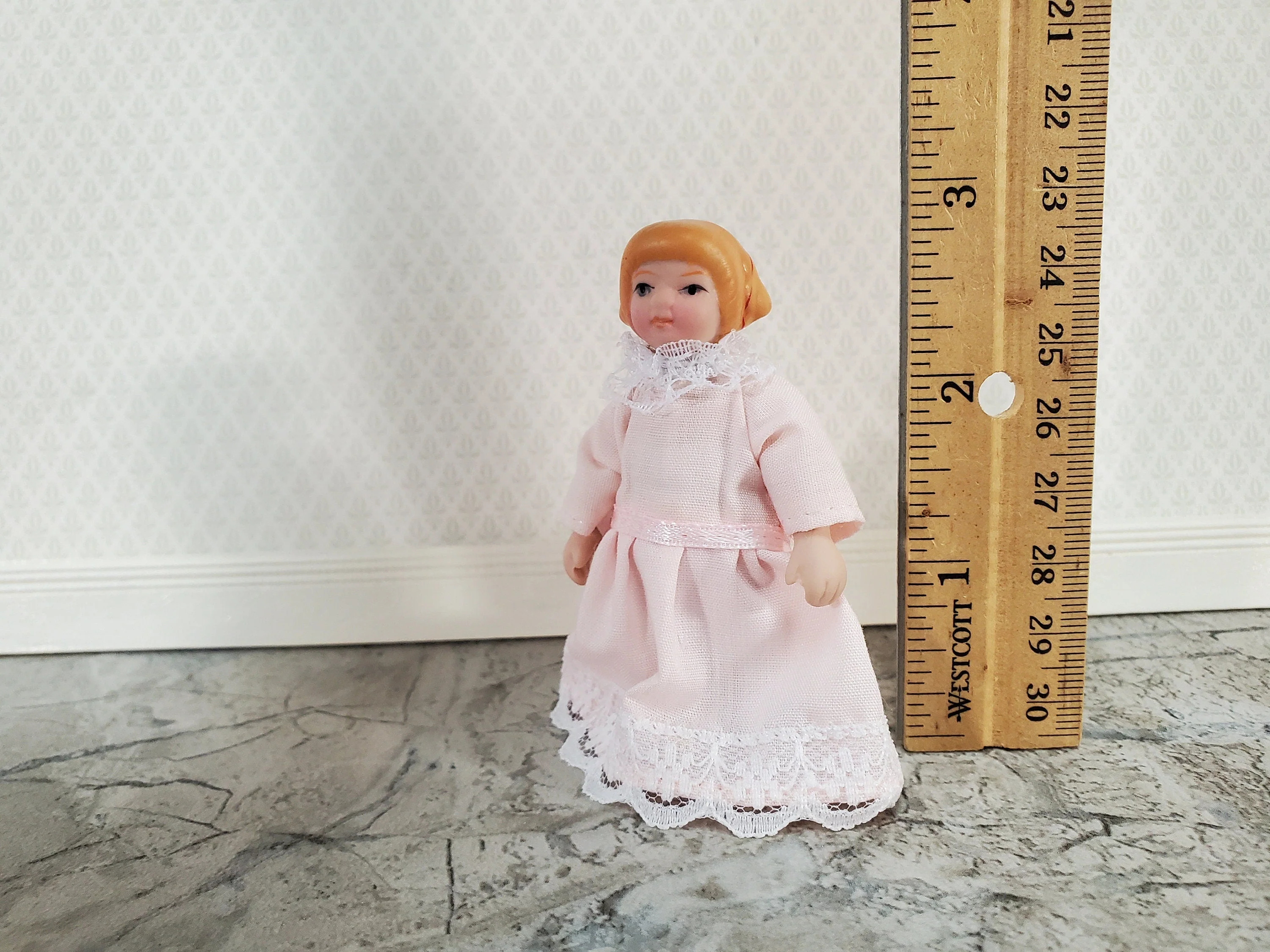 Dollhouse Girl Little Sister Doll Porcelain Pink Dress 1:12 Scale Miniature - Image 3