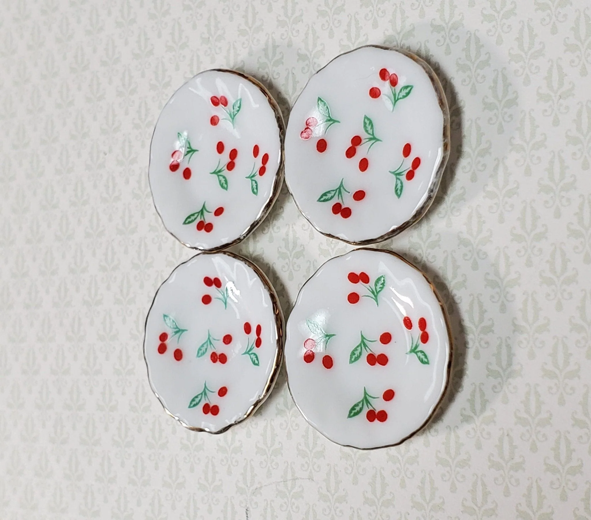 Dollhouse Glass Plates Gold Trim Fluted Cherries Design Ceramic x4 1:12 Scale Miniatures 1" - Image 2