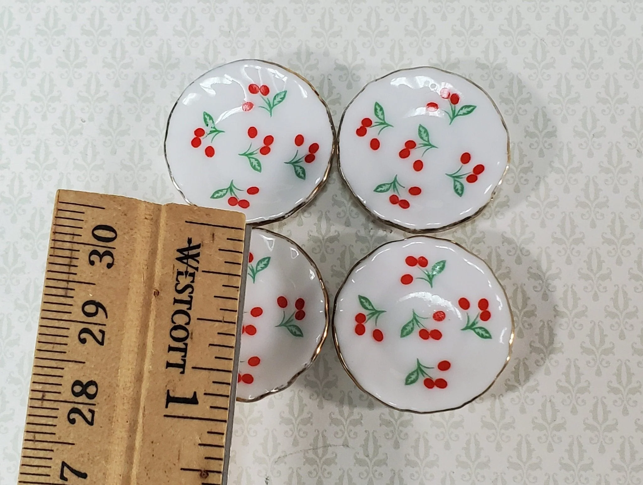 Dollhouse Glass Plates Gold Trim Fluted Cherries Design Ceramic x4 1:12 Scale Miniatures 1" - Image 5