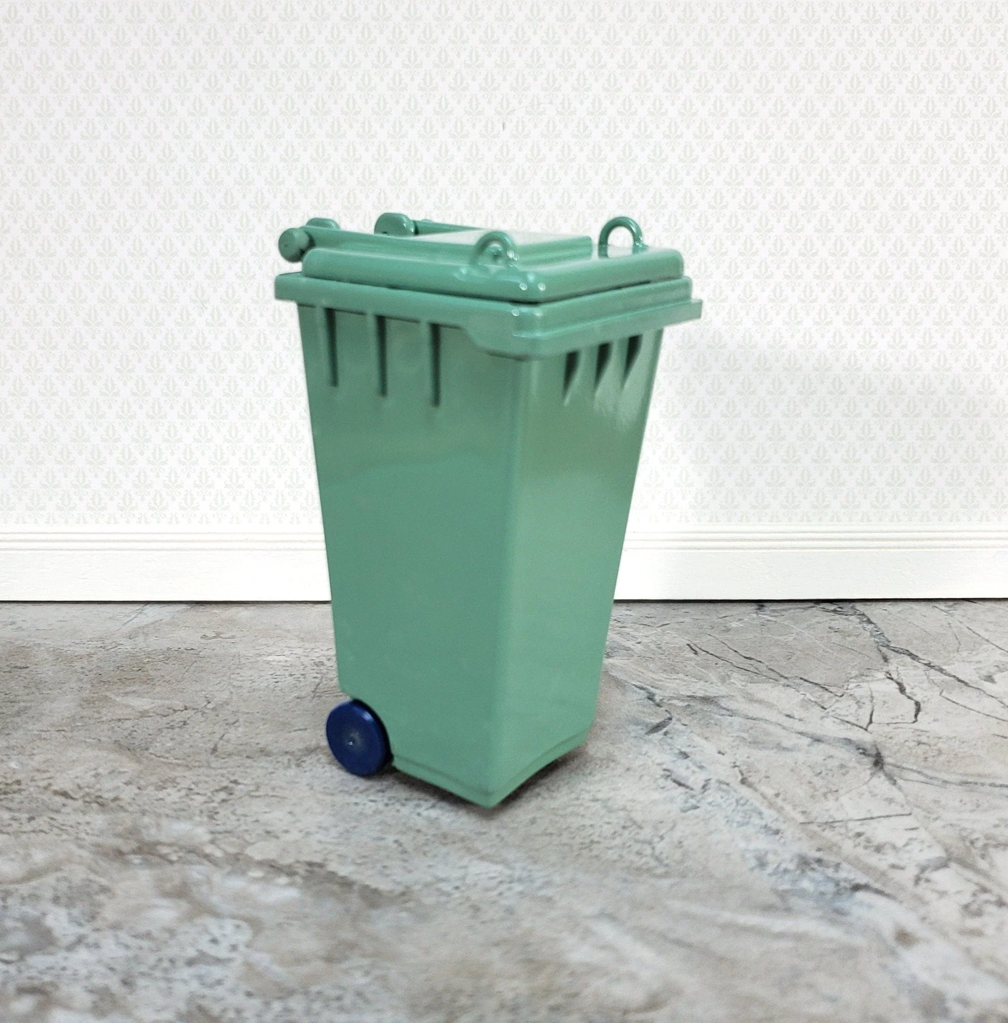 Dollhouse Green Garbage Can Wheelie Bin Opens 1:12 Scale Modern Miniatures