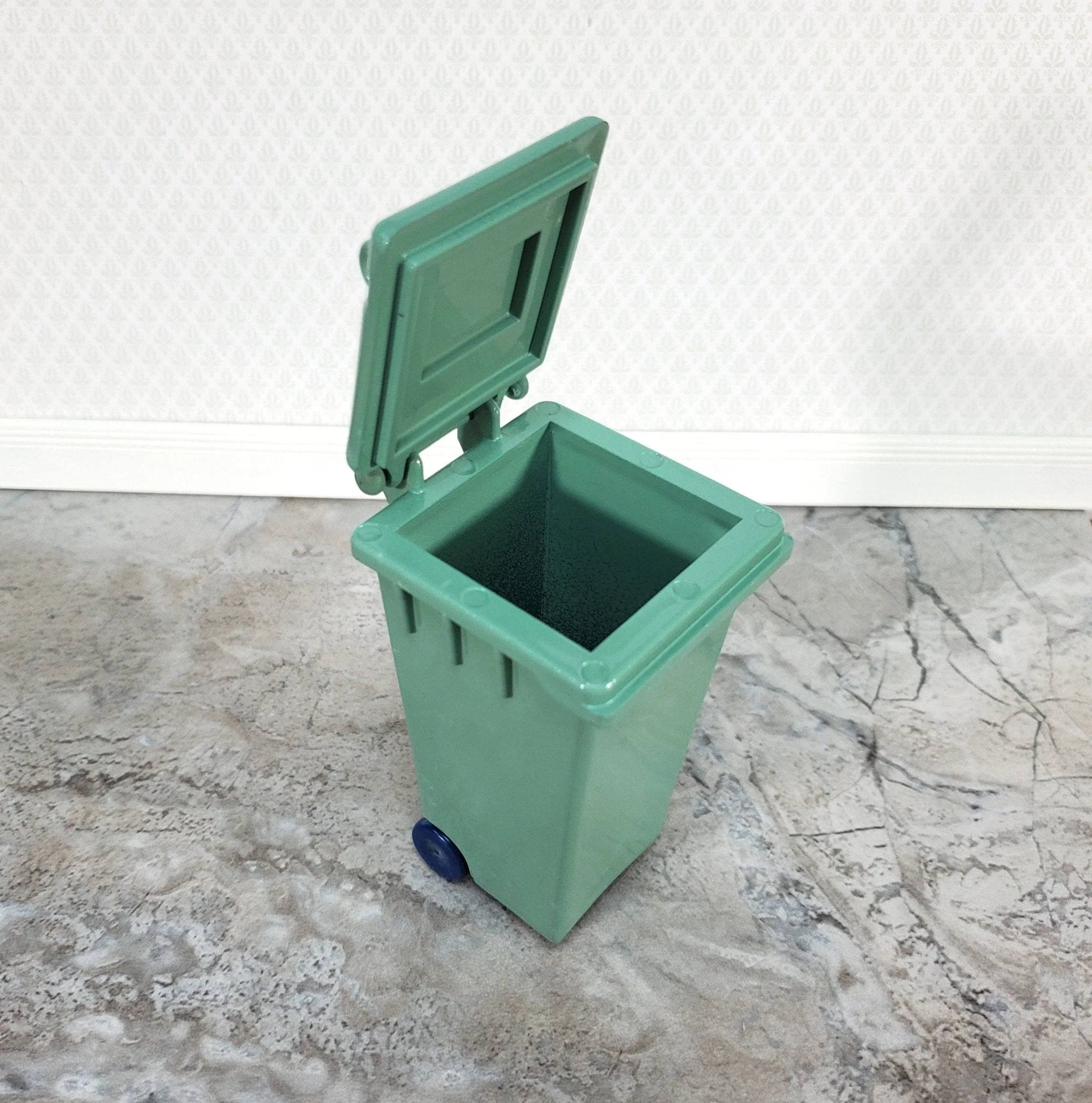 Dollhouse Green Garbage Can Wheelie Bin Opens 1:12 Scale Modern Miniatures - Image 3