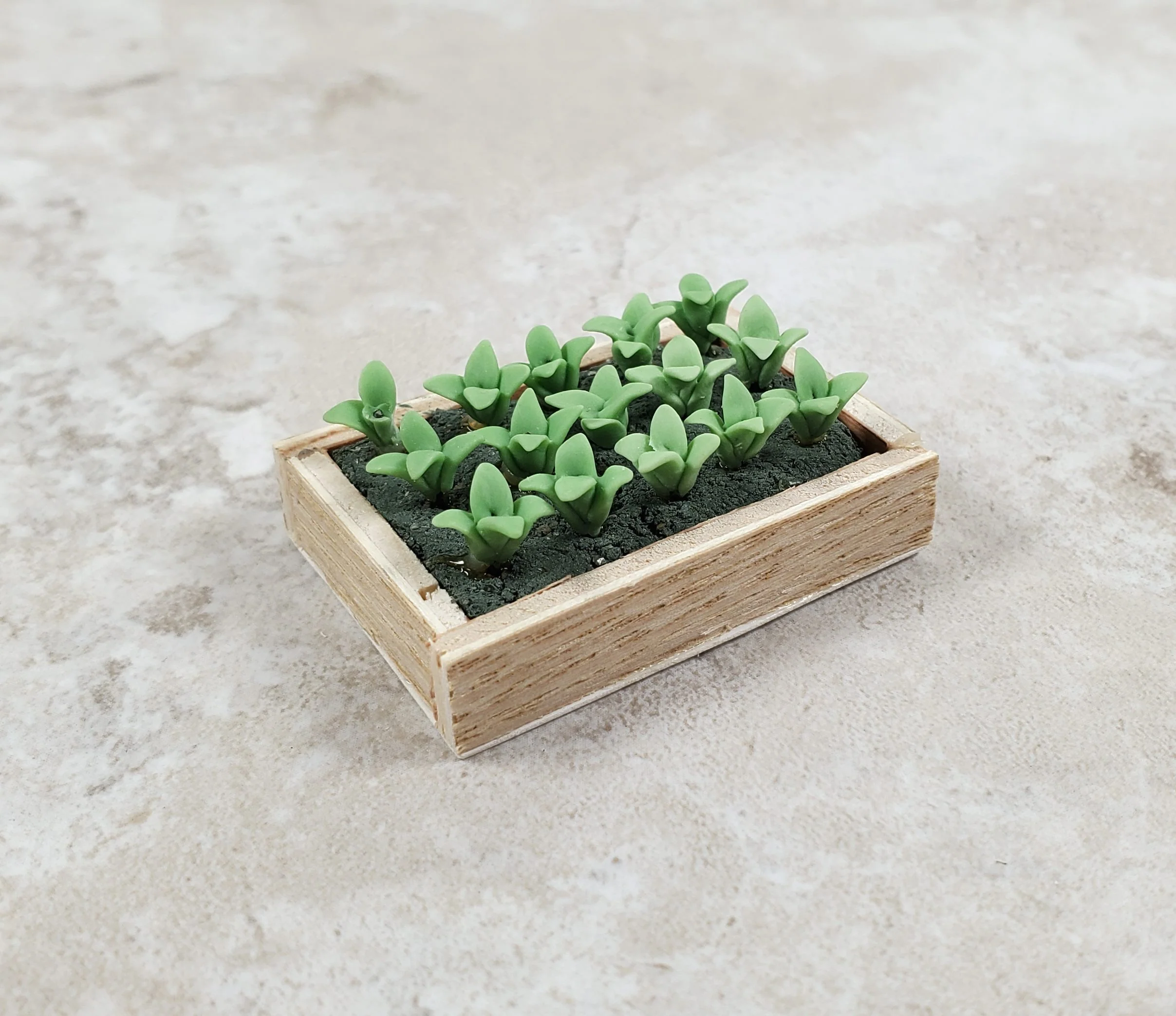 Dollhouse Green Seedlings in a Rectangular Wood Tray 1:12 Scale Miniature - Image 2