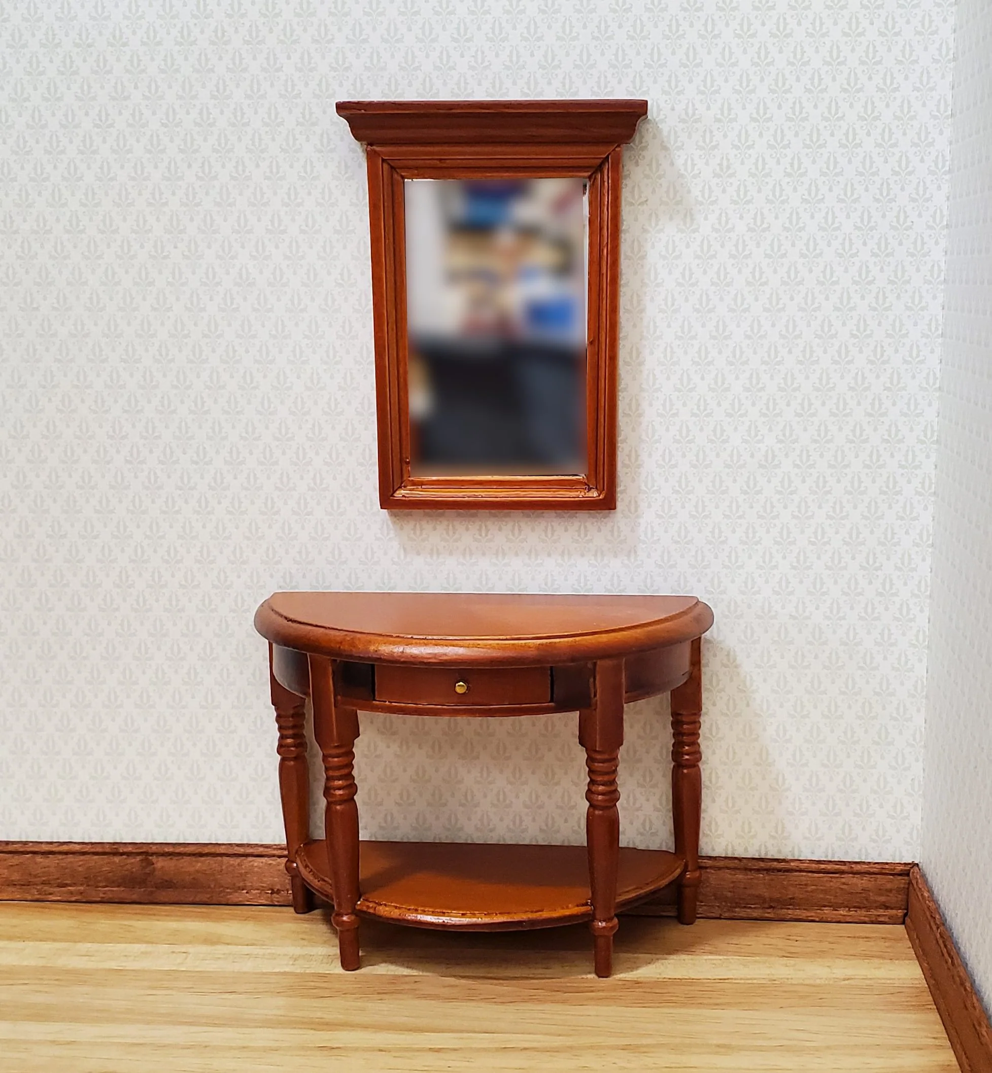 Dollhouse Half Round Table with Mirror 1:12 Scale Furniture Walnut Finish