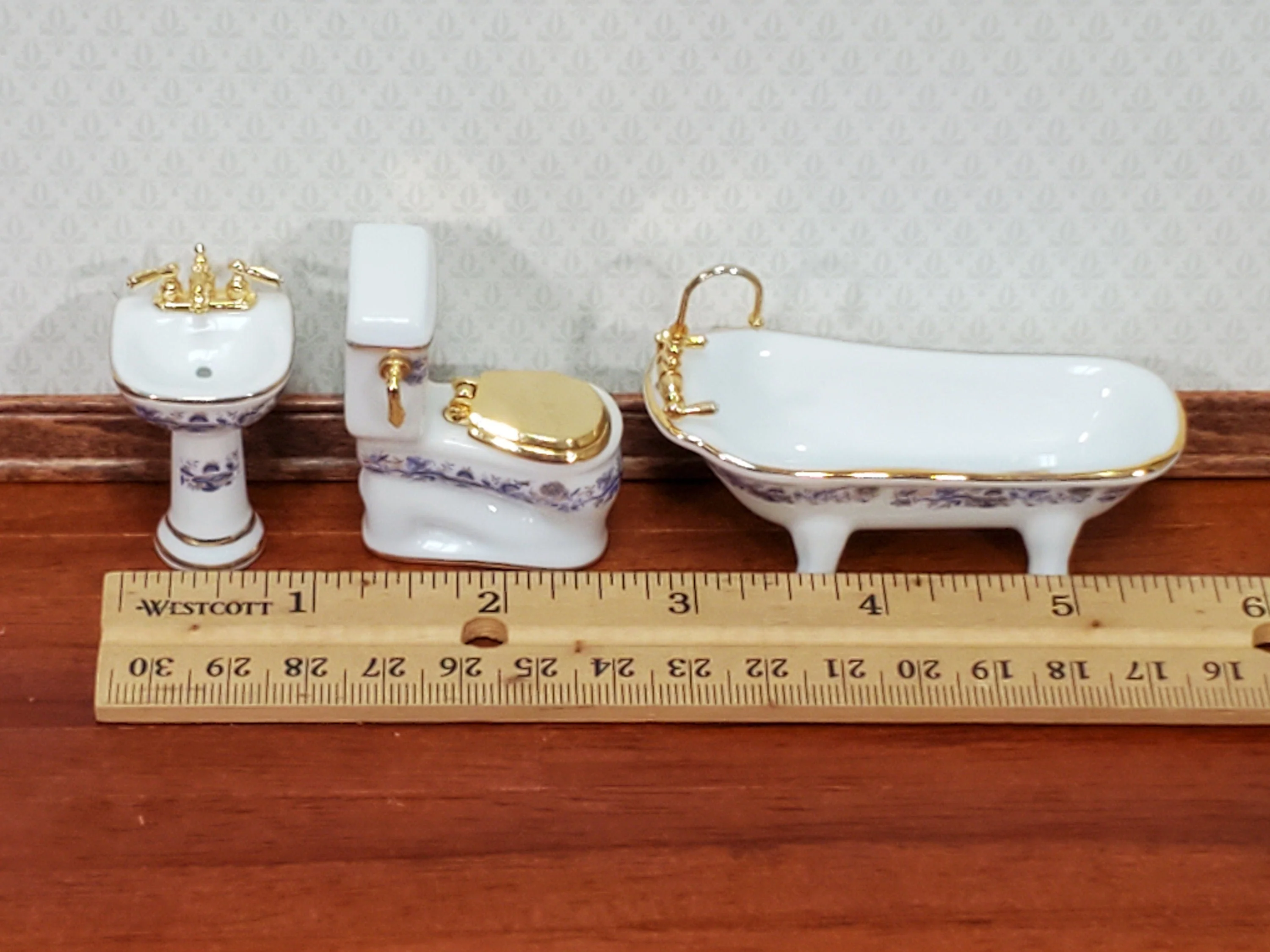 Dollhouse HALF SCALE Bathroom Set Reutter Porcelain Tub Toilet Sink 1:24 Miniatures Blue & Gold - Image 4