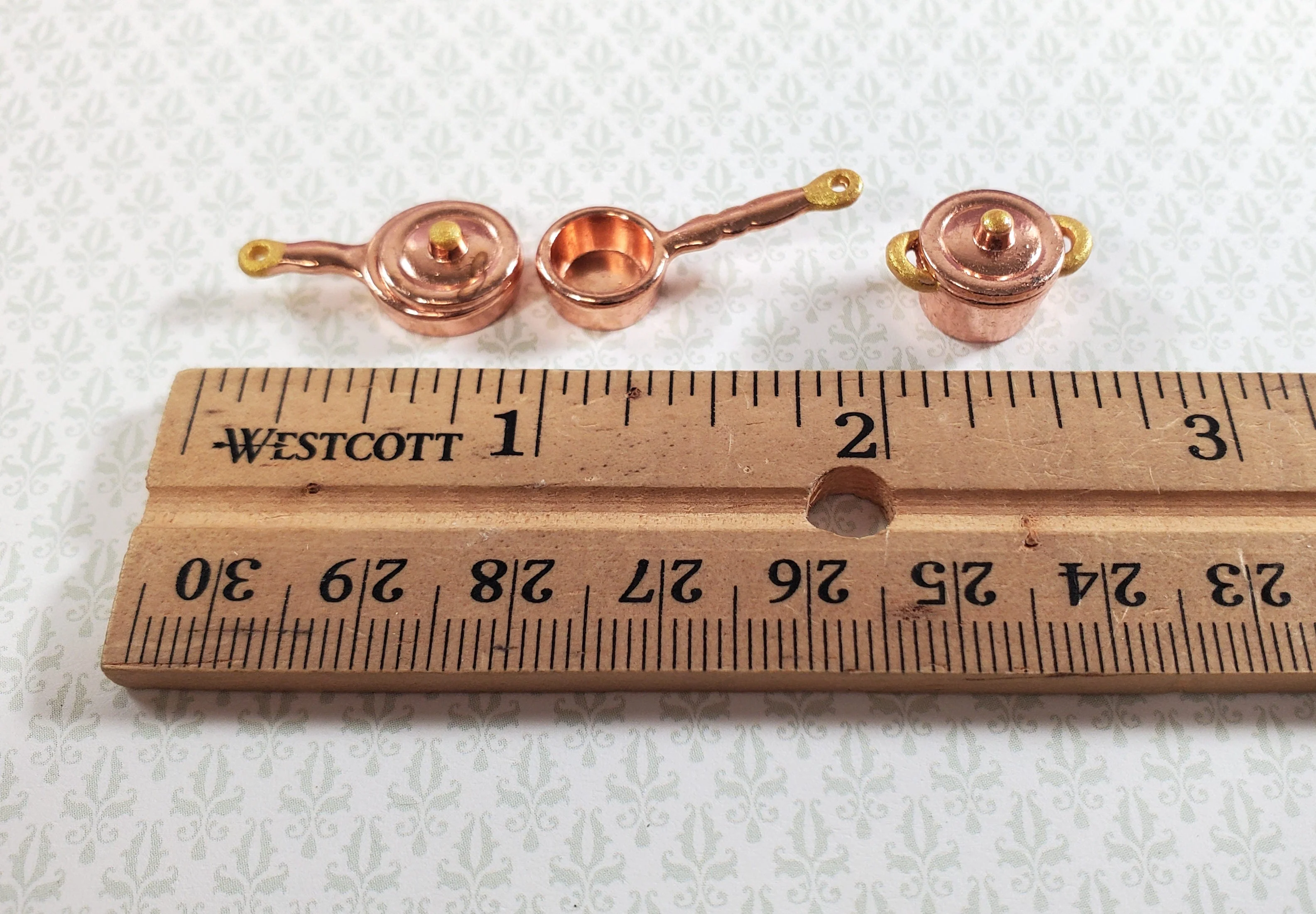 Dollhouse HALF SCALE Copper Pots and Pans 3 Small 1:24 Miniatures - Image 3