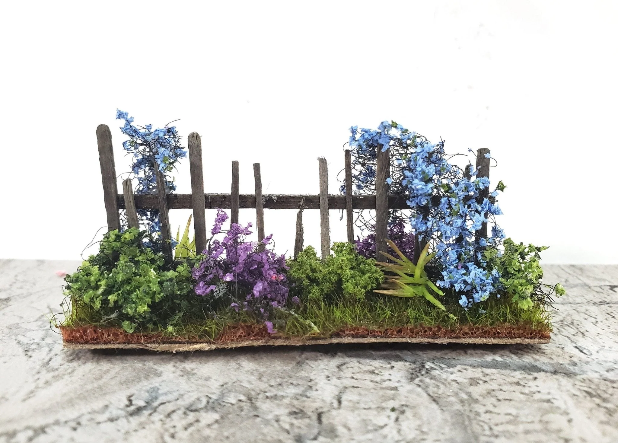 Dollhouse HALF SCALE Flowers with Fence Purple Green Blue 1:24 Scale Miniature 2 Sided