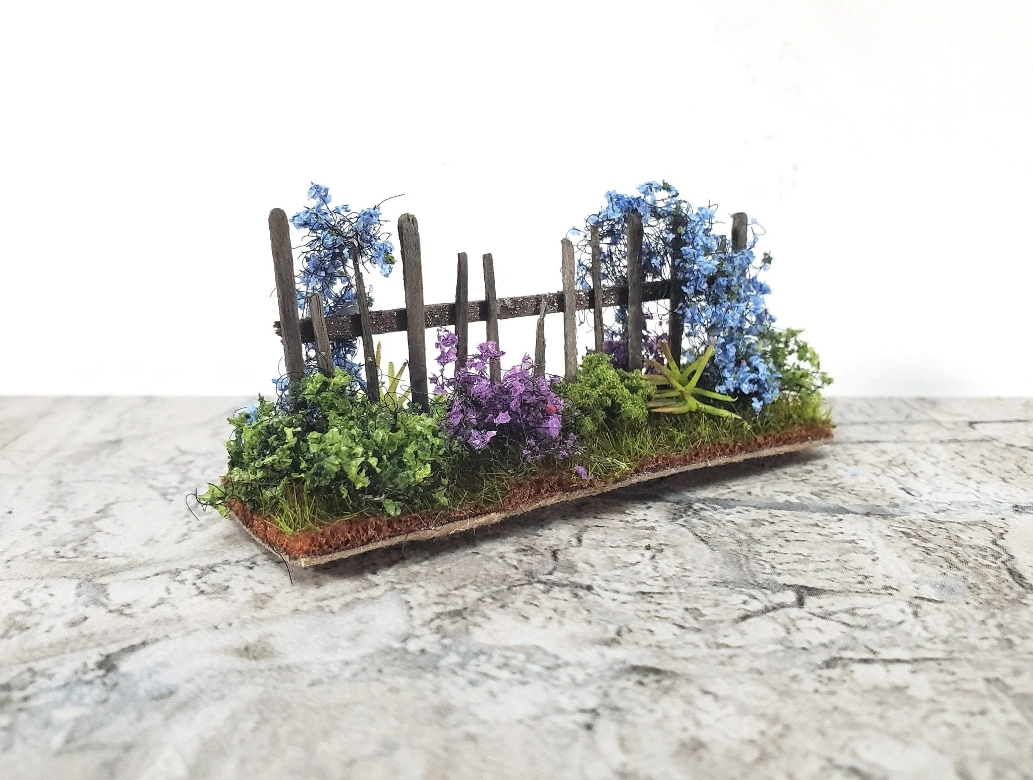 Dollhouse HALF SCALE Flowers with Fence Purple Green Blue 1:24 Scale Miniature 2 Sided - Image 2