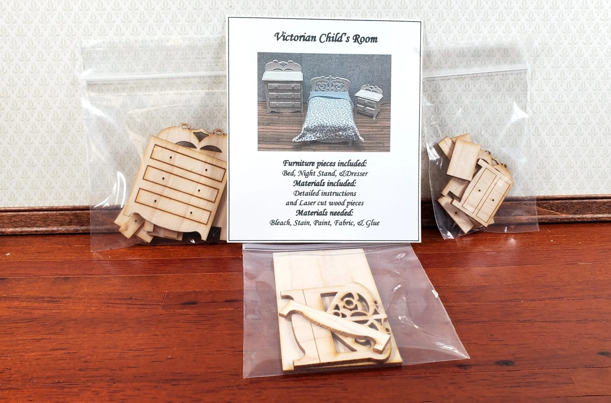 Dollhouse Half Scale Furniture Kit DIY Victorian Childs Bedroom Bed Dresser 1:24