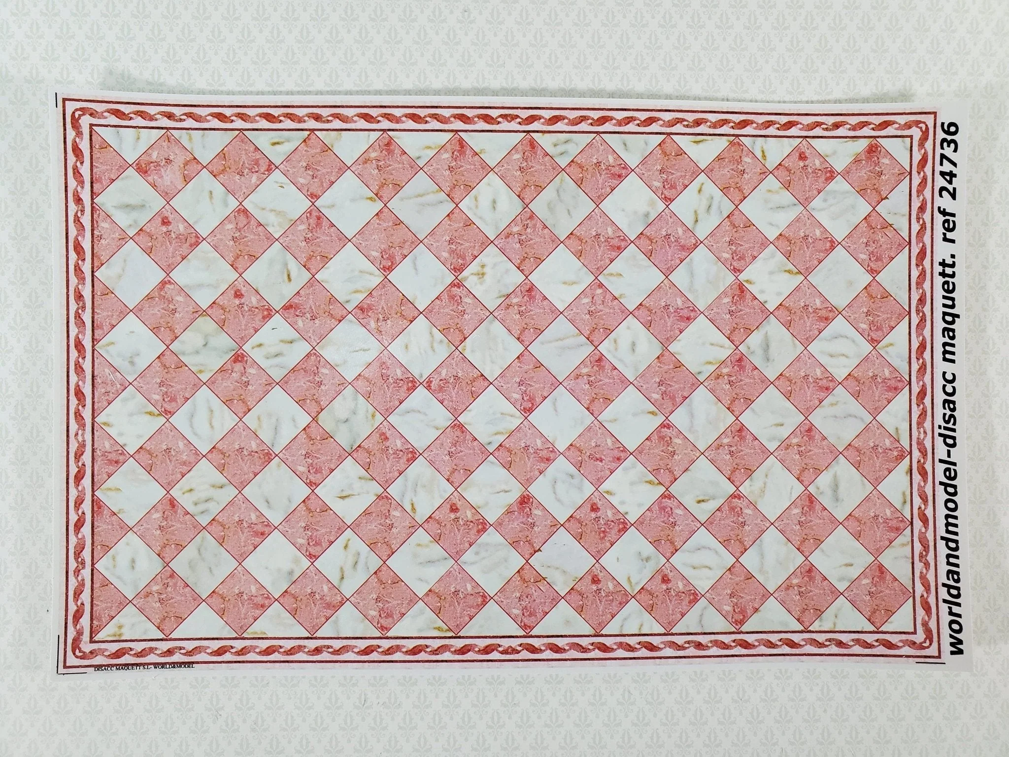 Dollhouse HALF SCALE Marble Tile Sheet with Border Pink & White Floor 1:24 World Model