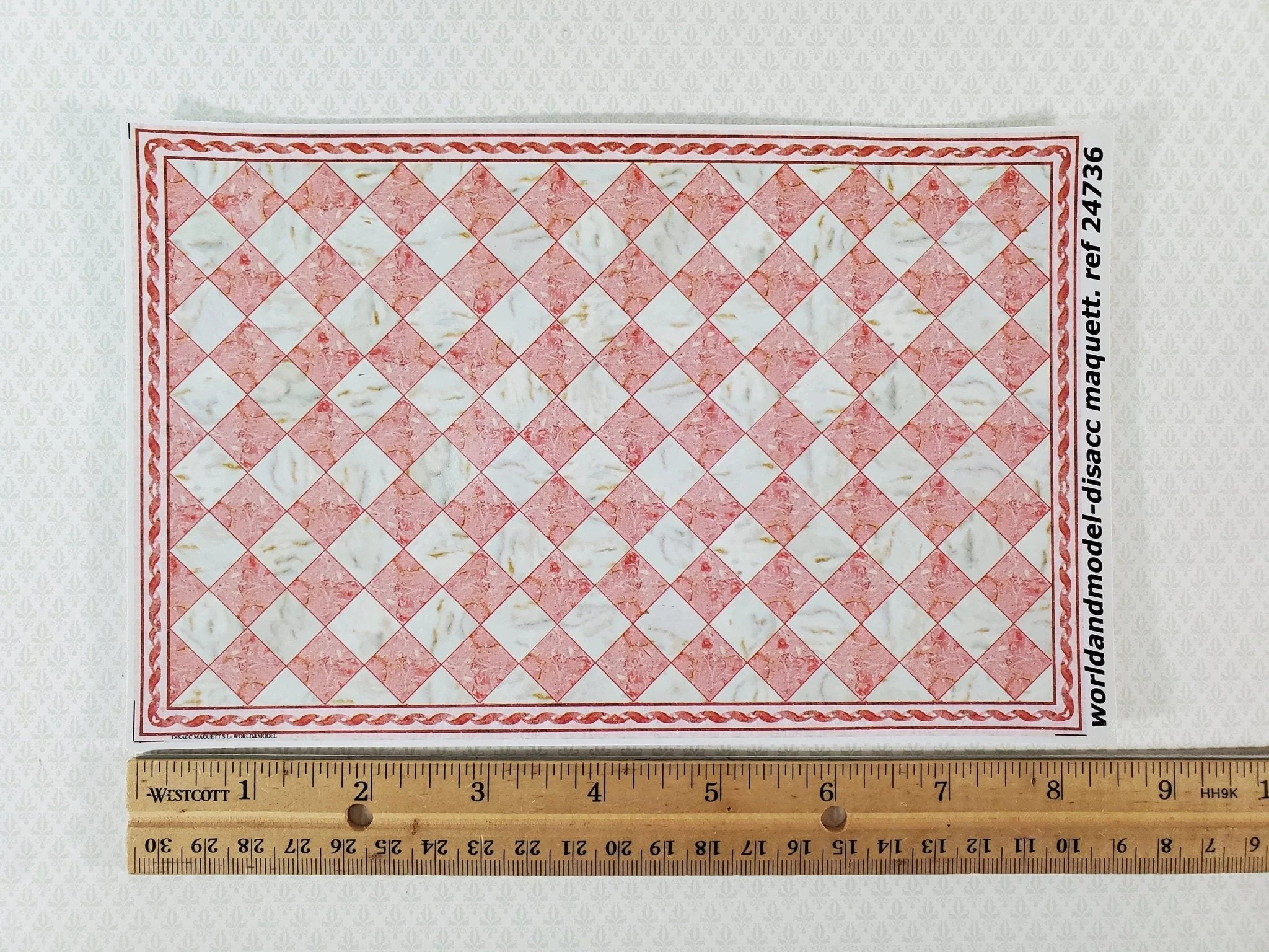 Dollhouse HALF SCALE Marble Tile Sheet with Border Pink & White Floor 1:24 World Model - Image 2