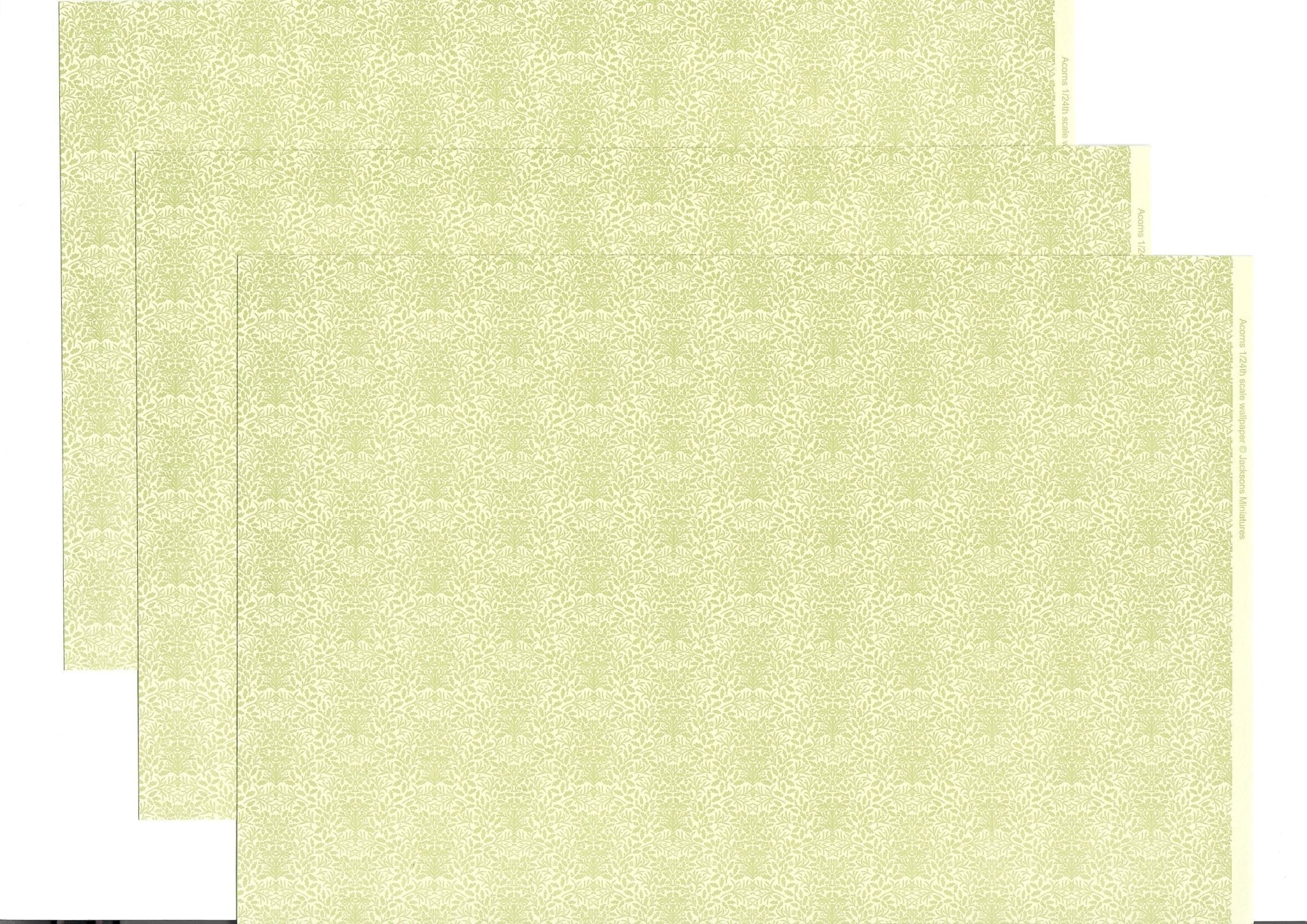 Dollhouse HALF SCALE Wallpaper 3 Sheets Green on Cream "Acorns" 1:24 Scale