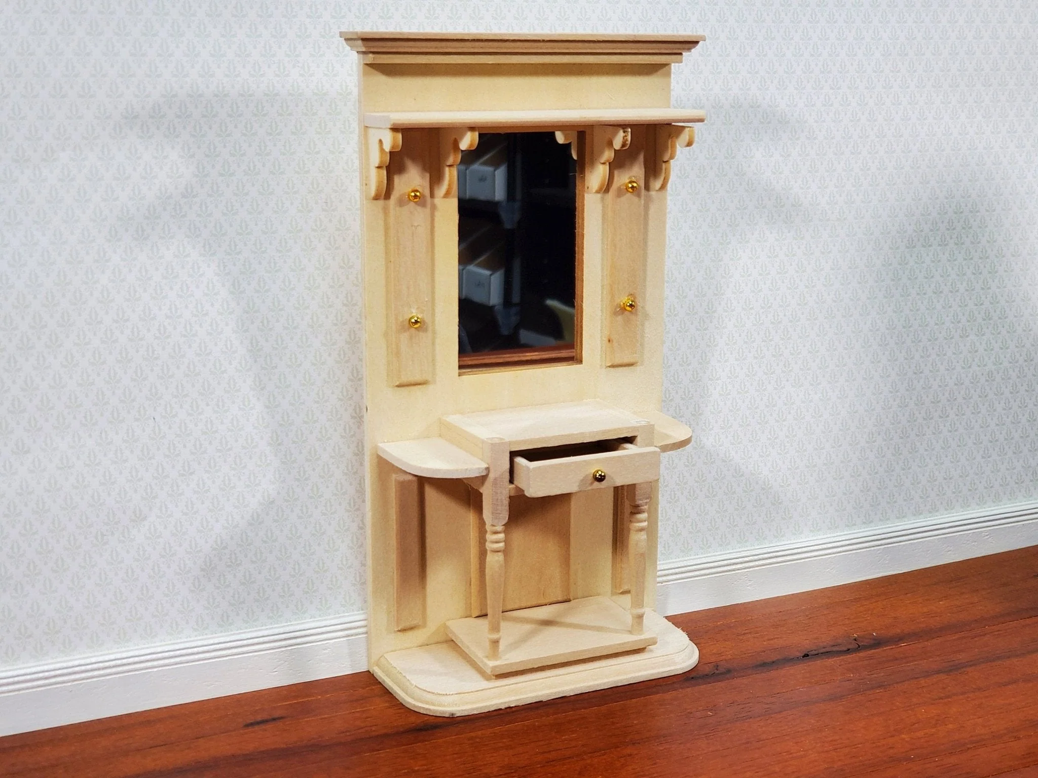 Dollhouse Hall Stand Table with Mirror Tall Unpainted Wood DIY 1:12 Scale Furniture