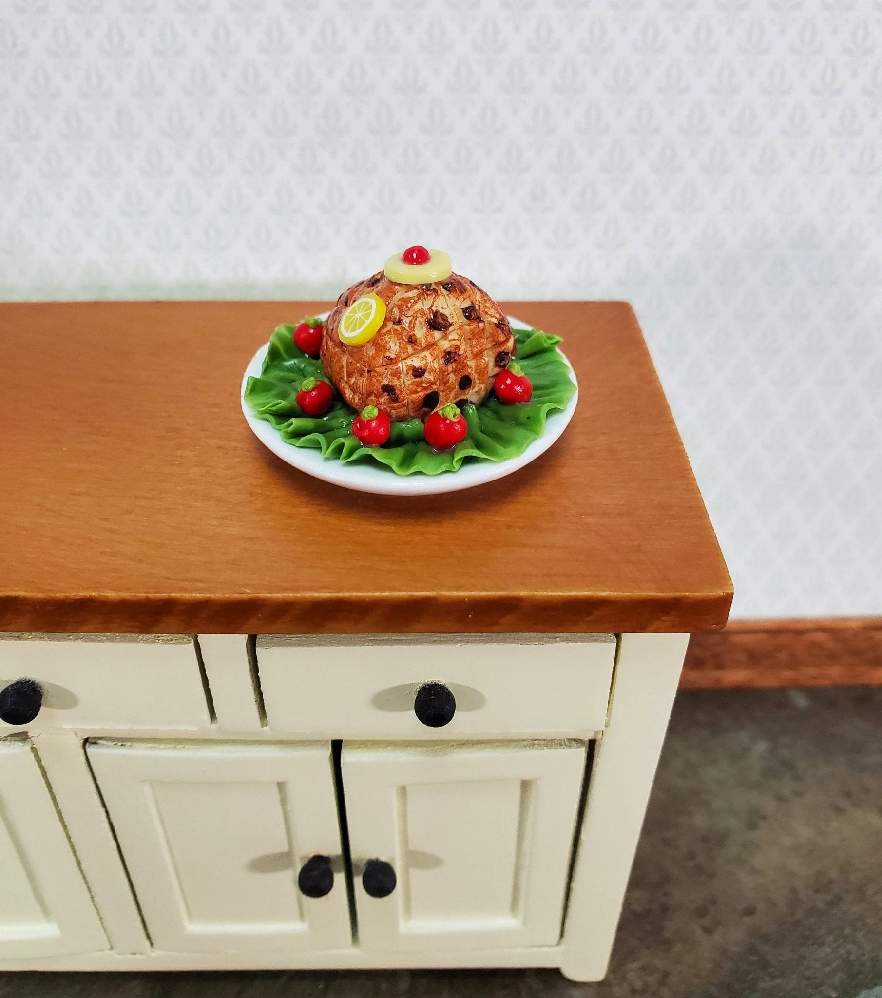 Dollhouse Ham Glazed on Ceramic Platter 1:12 Scale Miniature Food Kitchen