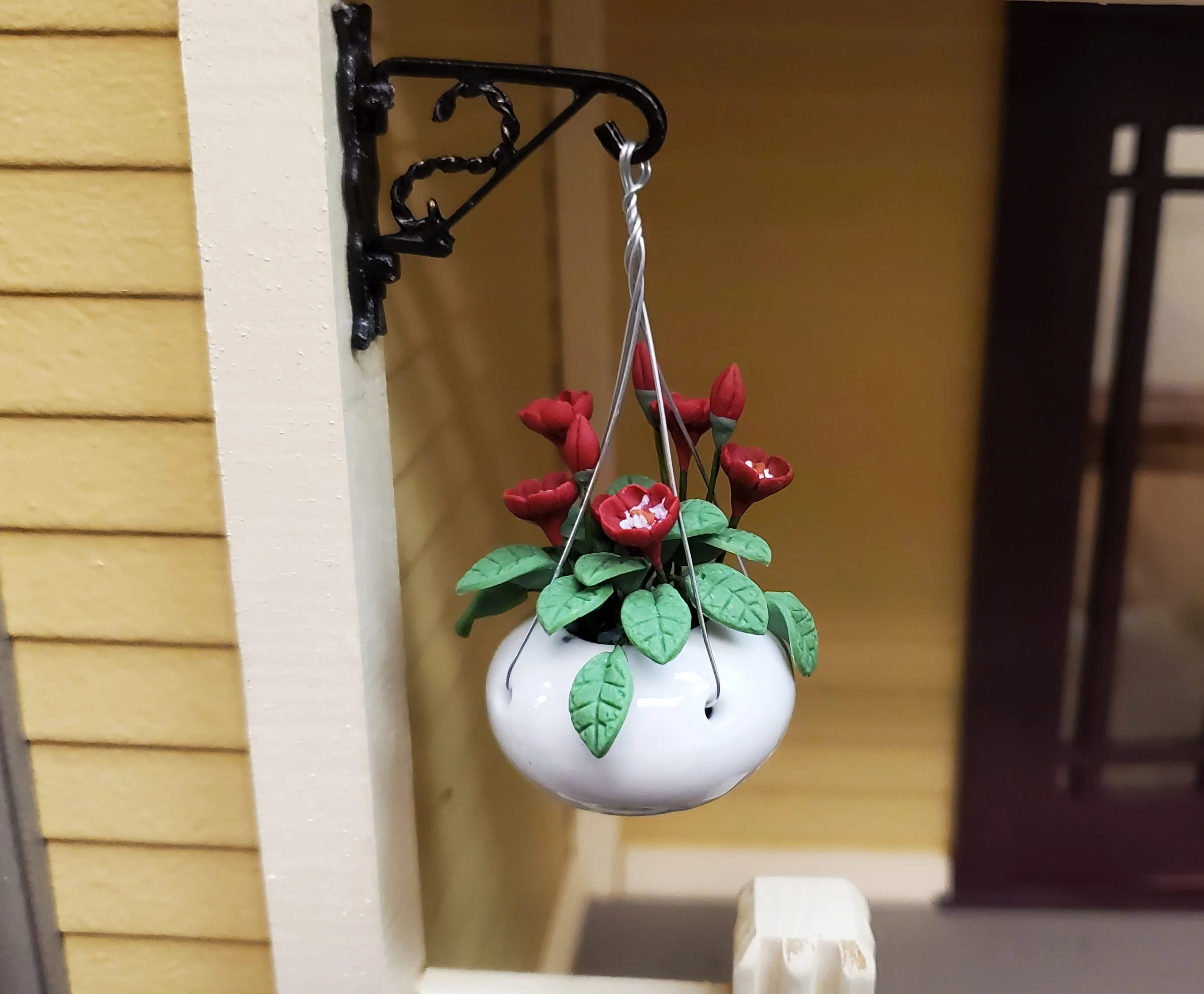 Dollhouse Hanging Basket of Red Flowers White Ceramic Pot 1:12 Scale Miniature - Image 2