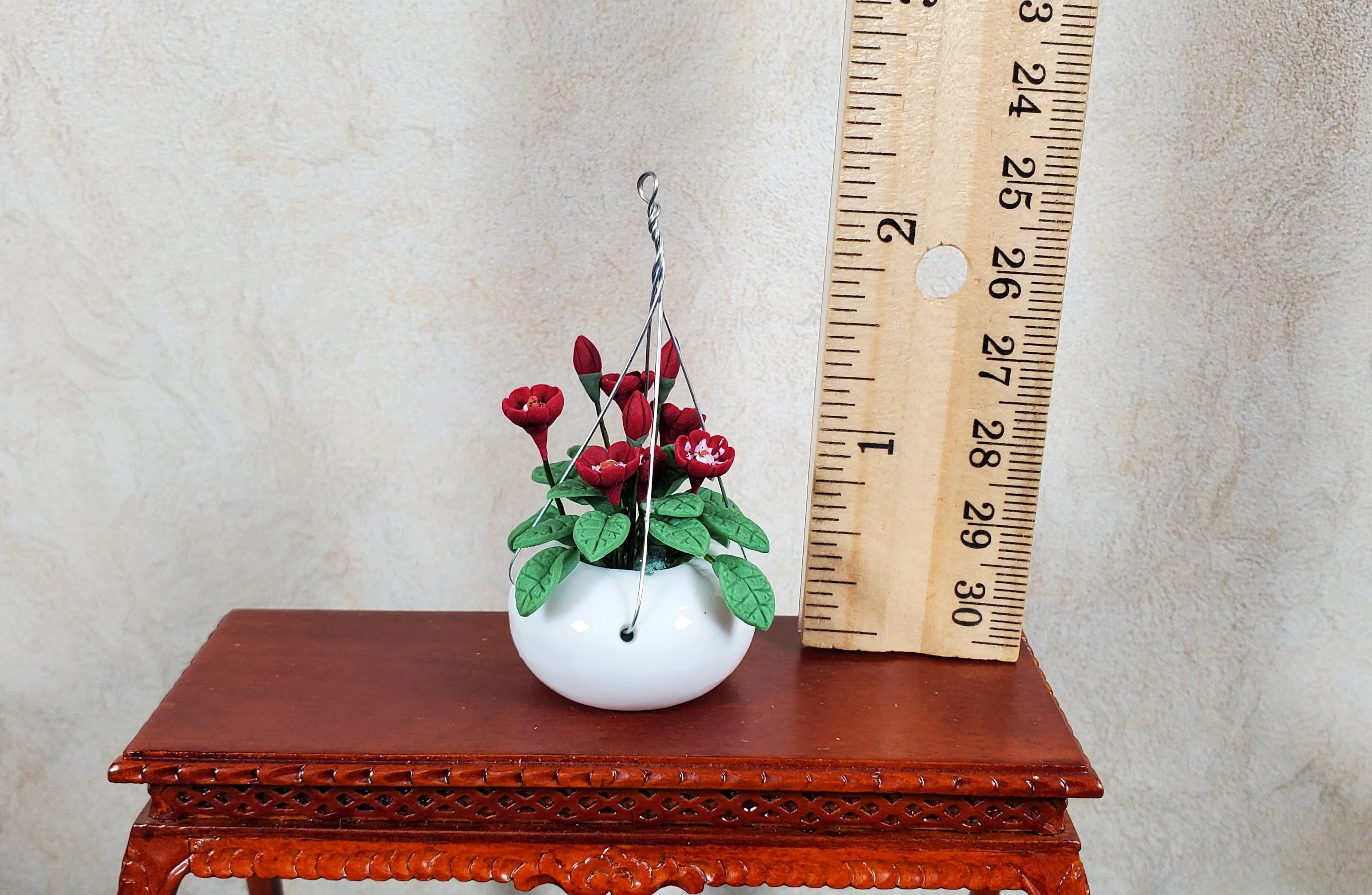 Dollhouse Hanging Basket of Red Flowers White Ceramic Pot 1:12 Scale Miniature - Image 3