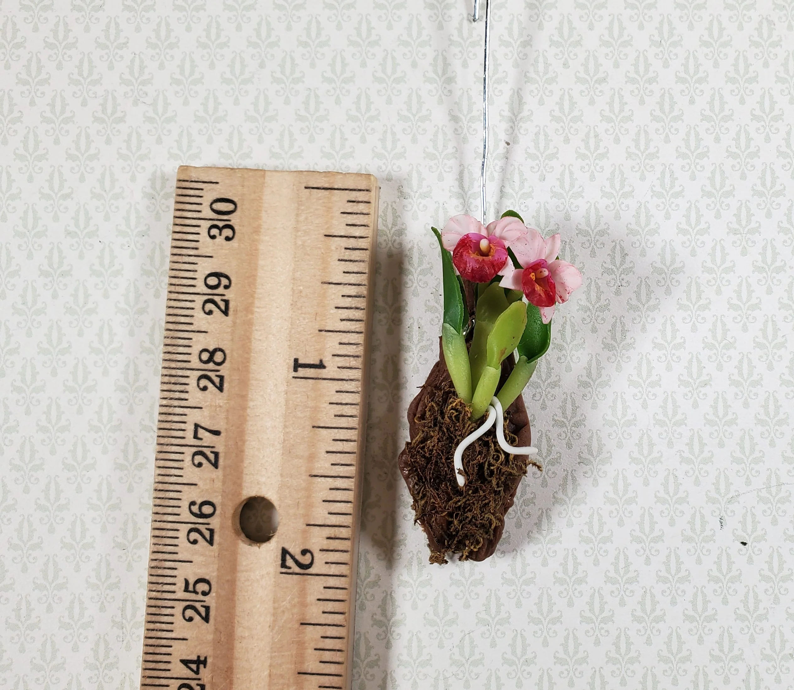 Dollhouse Hanging Orchid on Bark with Moss Pink Flowering Plant 1:12 Scale - Image 2