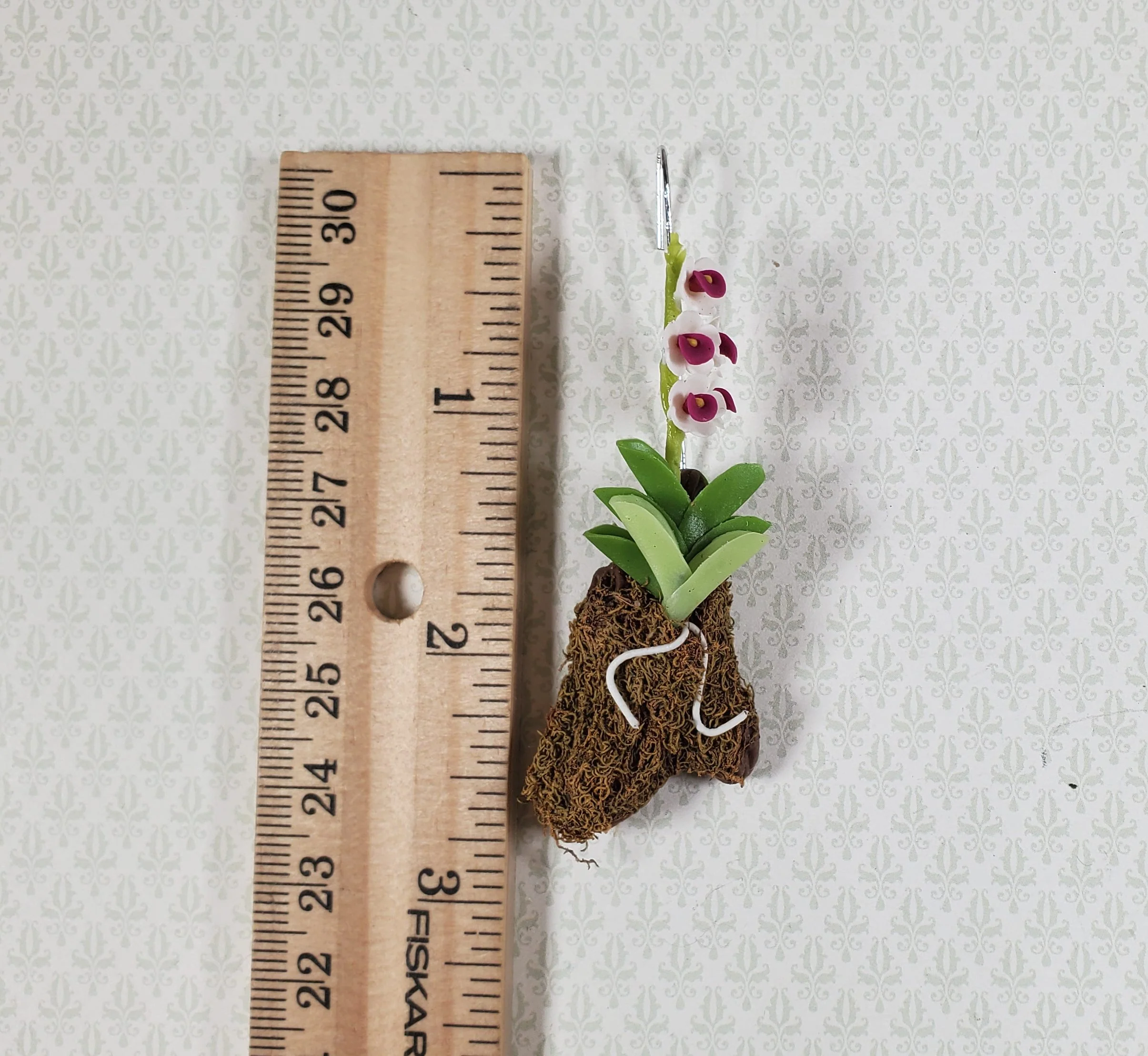 Dollhouse Hanging Orchid White Purple Bark & Moss Flowering Plant 1:12 Scale - Image 3