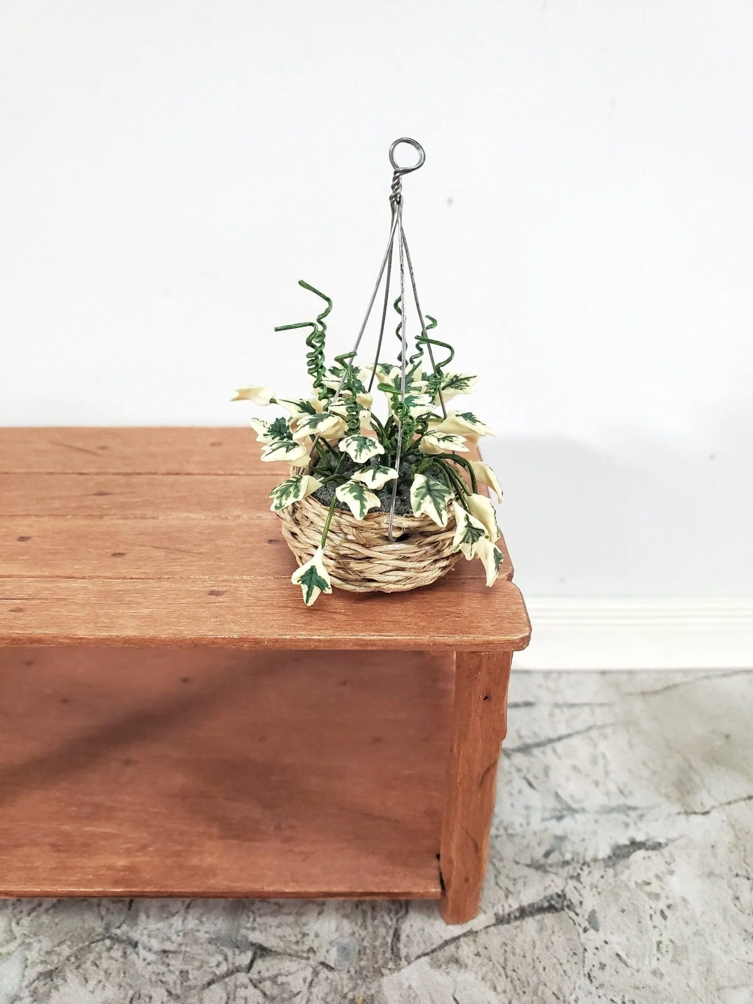Dollhouse Hanging Plant Variegated English Ivy in Natural Fiber Basket 1:12 Scale Miniature