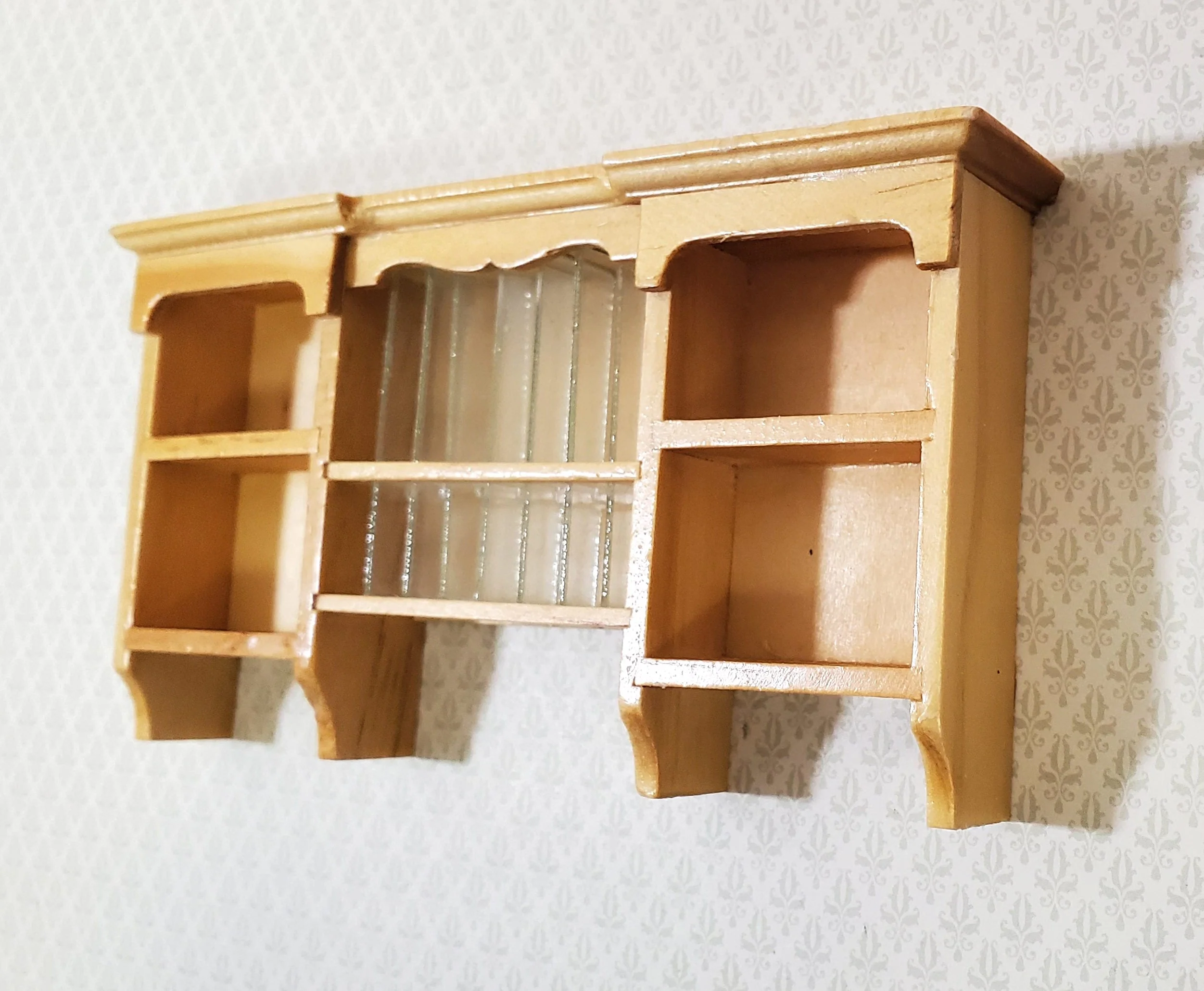 Dollhouse Hanging Shelf with Plate Rack Kitchen Light Oak Finish 1:12 Scale Miniature Furniture - Image 2