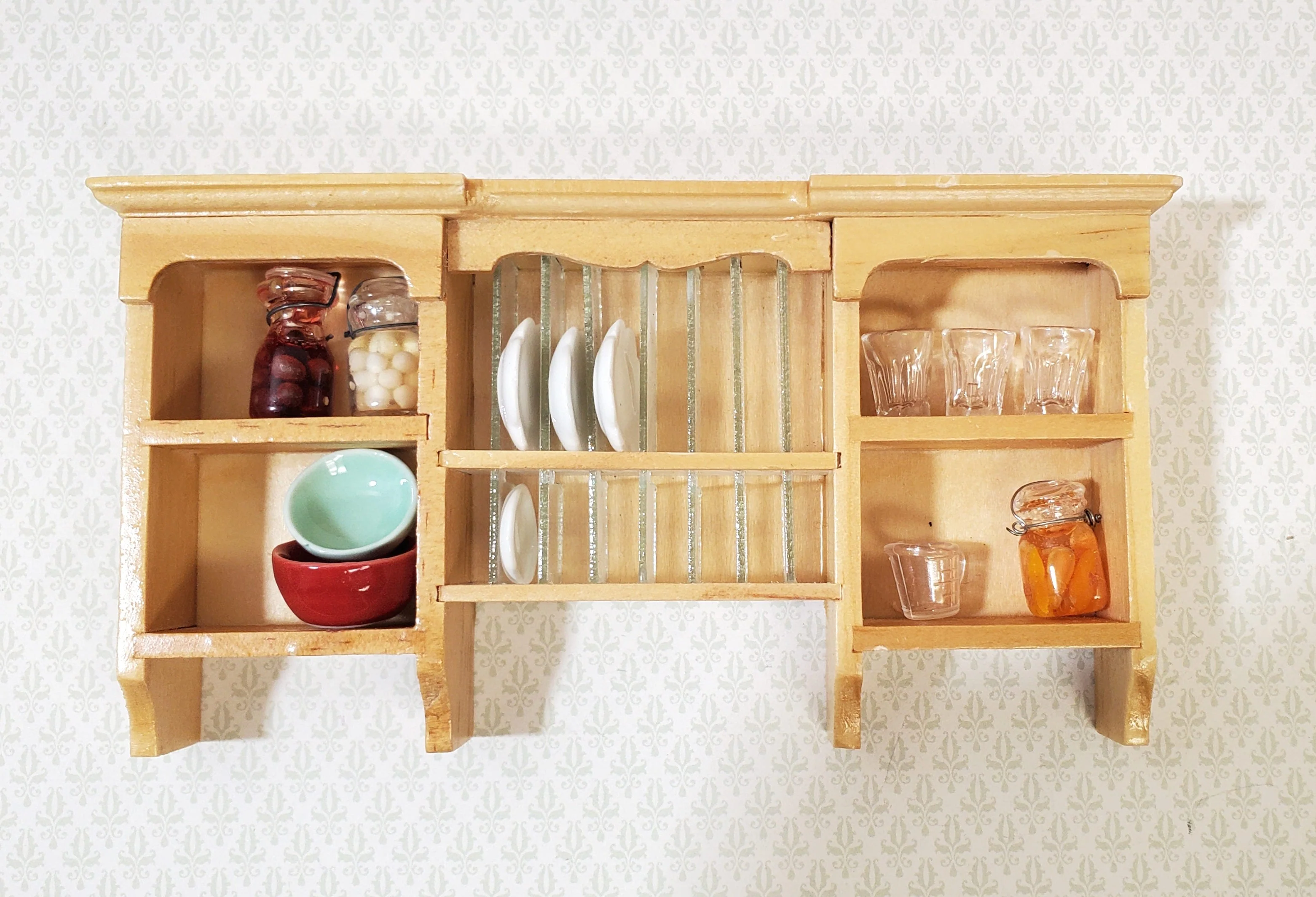 Dollhouse Hanging Shelf with Plate Rack Kitchen Light Oak Finish 1:12 Scale Miniature Furniture - Image 3
