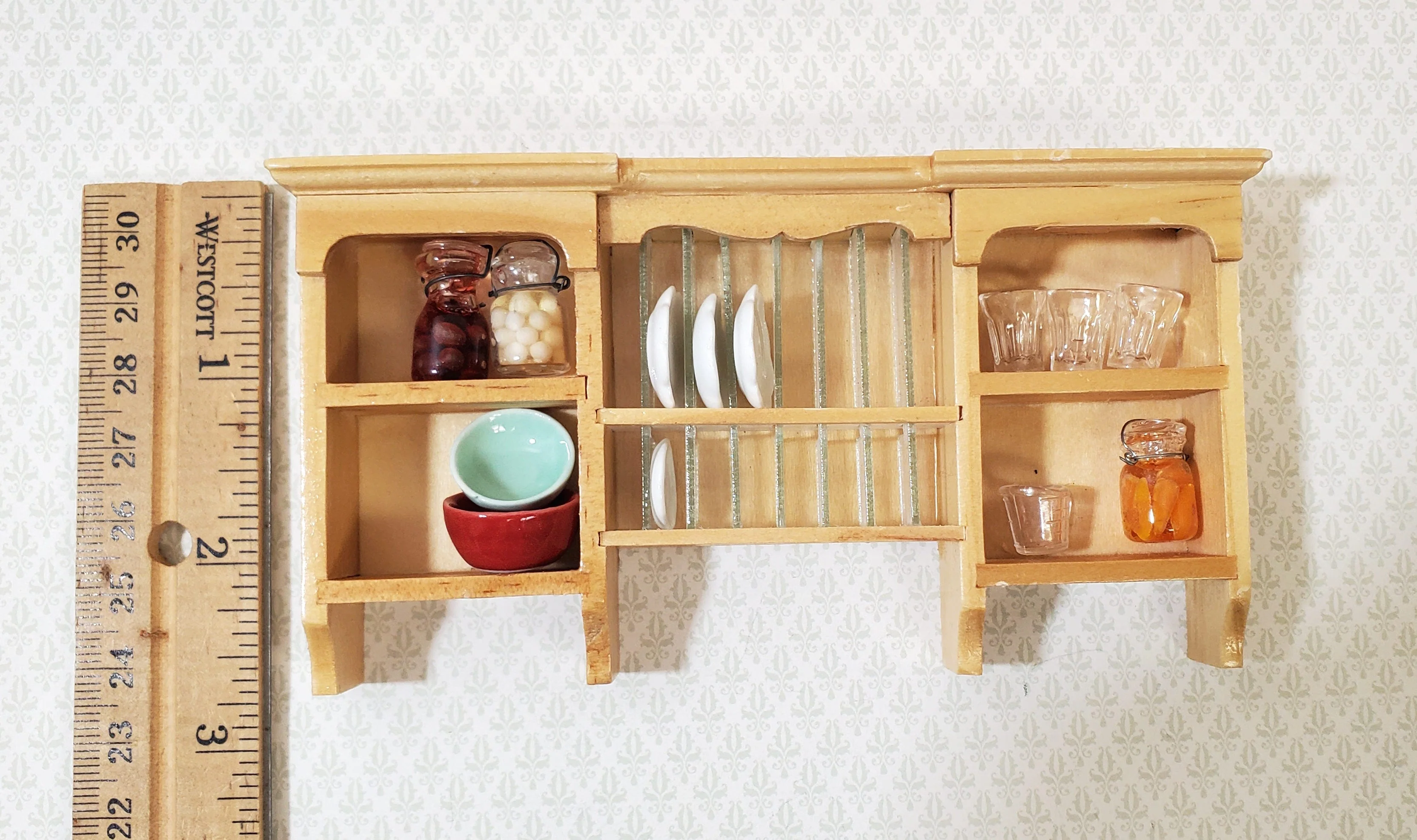 Dollhouse Hanging Shelf with Plate Rack Kitchen Light Oak Finish 1:12 Scale Miniature Furniture - Image 4