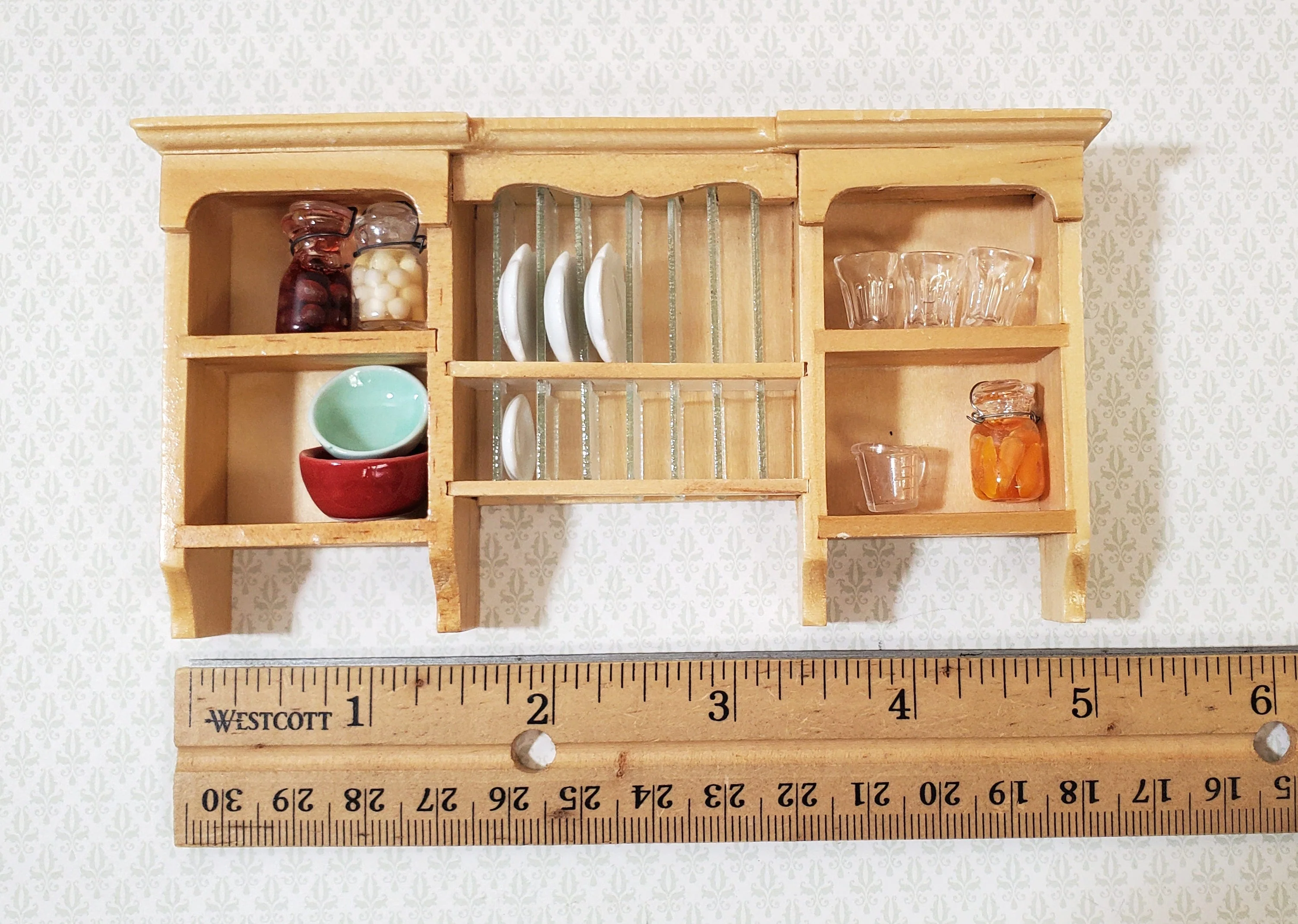 Dollhouse Hanging Shelf with Plate Rack Kitchen Light Oak Finish 1:12 Scale Miniature Furniture - Image 5
