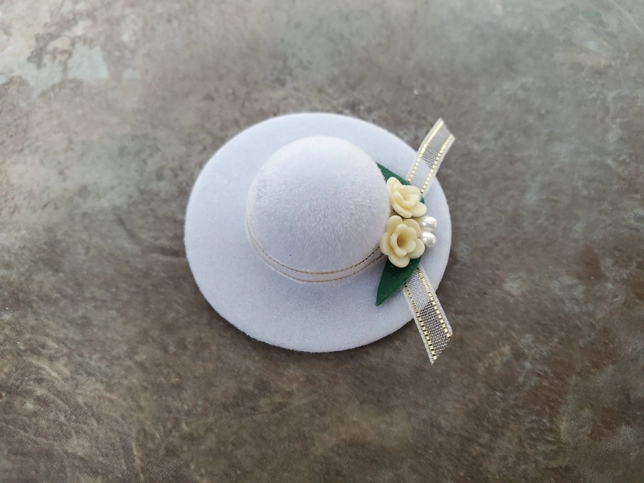 Dollhouse Hat White Velvet with Flowers & Trim Wearable 1:12 Scale Miniature