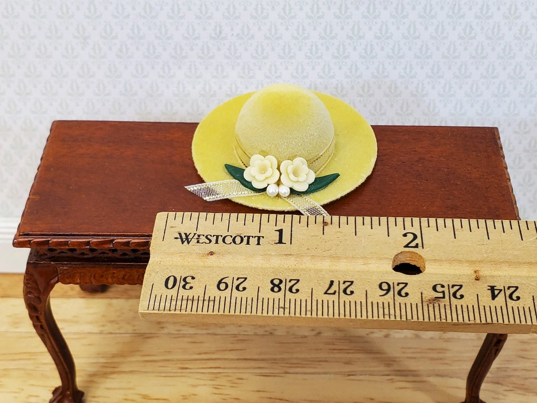Dollhouse Hat Yellow Velvet with Flowers Wearable 1:12 Scale Miniature - Image 3