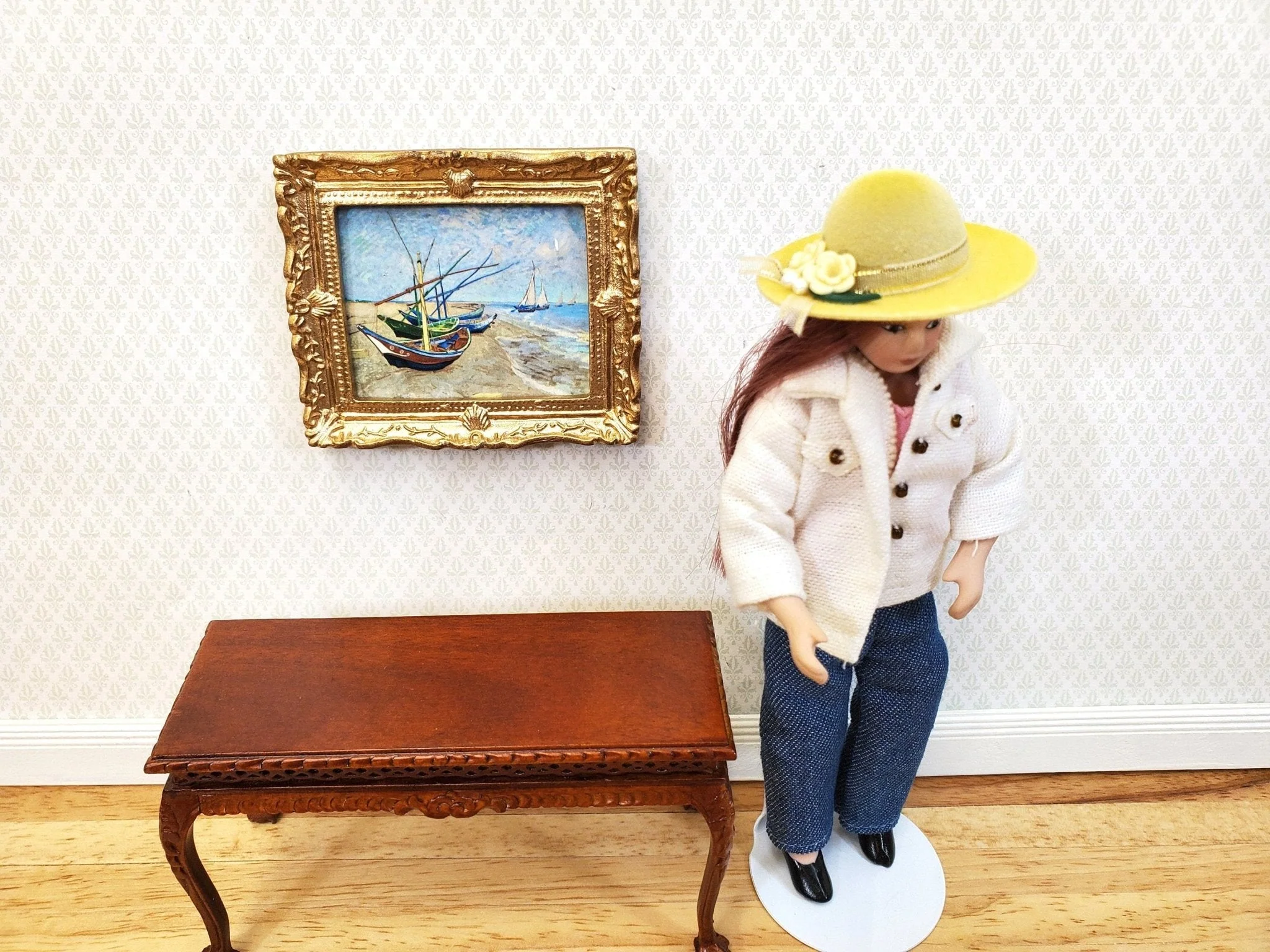 Dollhouse Hat Yellow Velvet with Flowers Wearable 1:12 Scale Miniature - Image 5