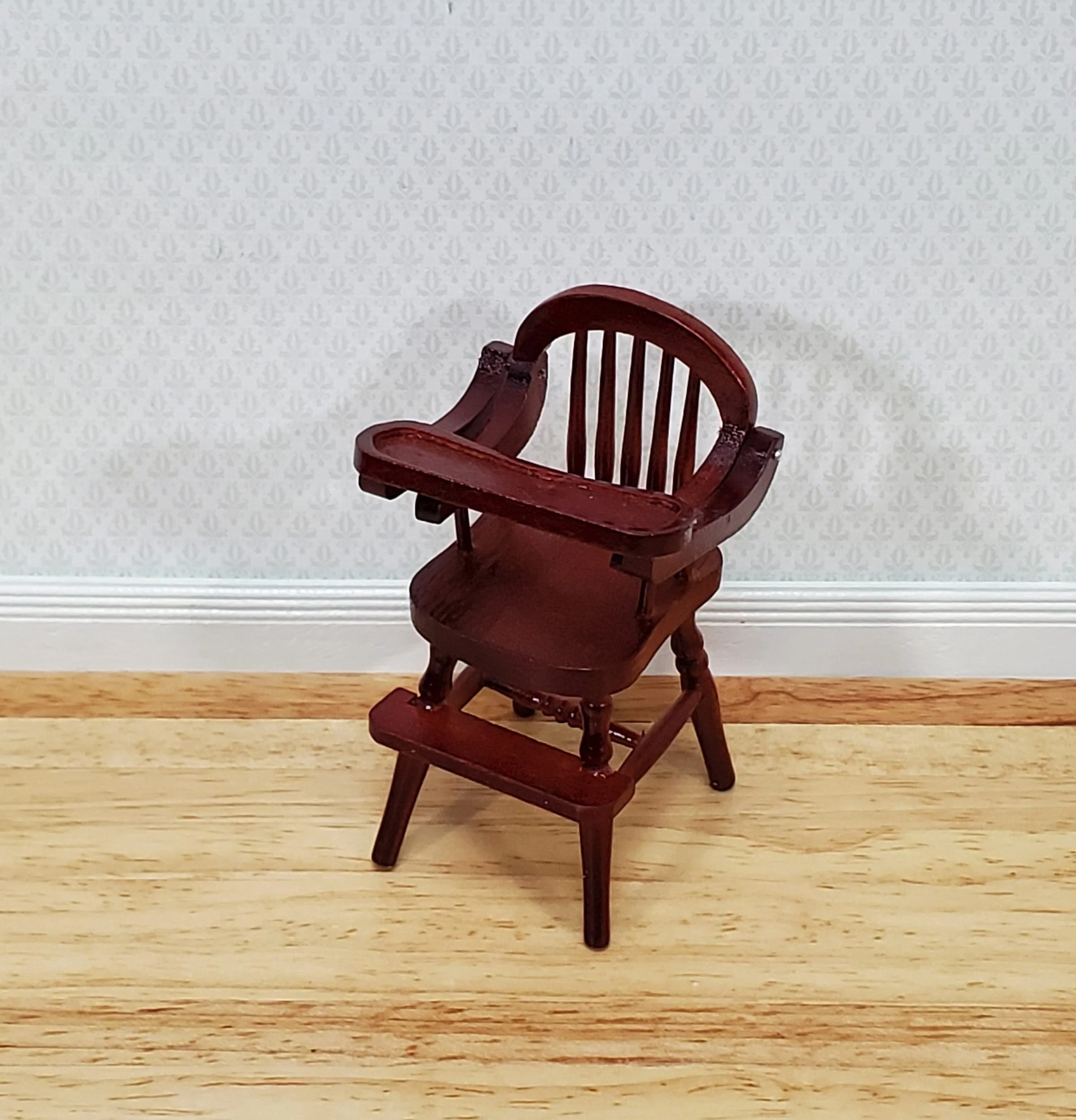 Dollhouse High Chair 1:12 Scale Miniature Furniture Wood Mahogany Finish Movable Tray