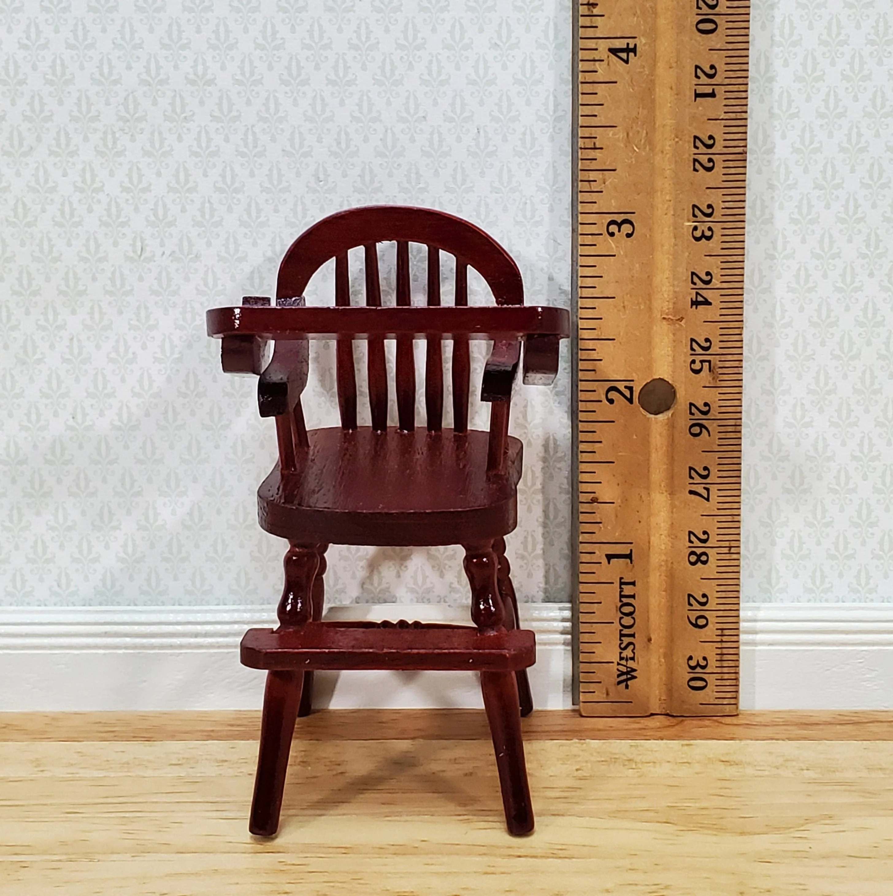 Dollhouse High Chair 1:12 Scale Miniature Furniture Wood Mahogany Finish Movable Tray - Image 3