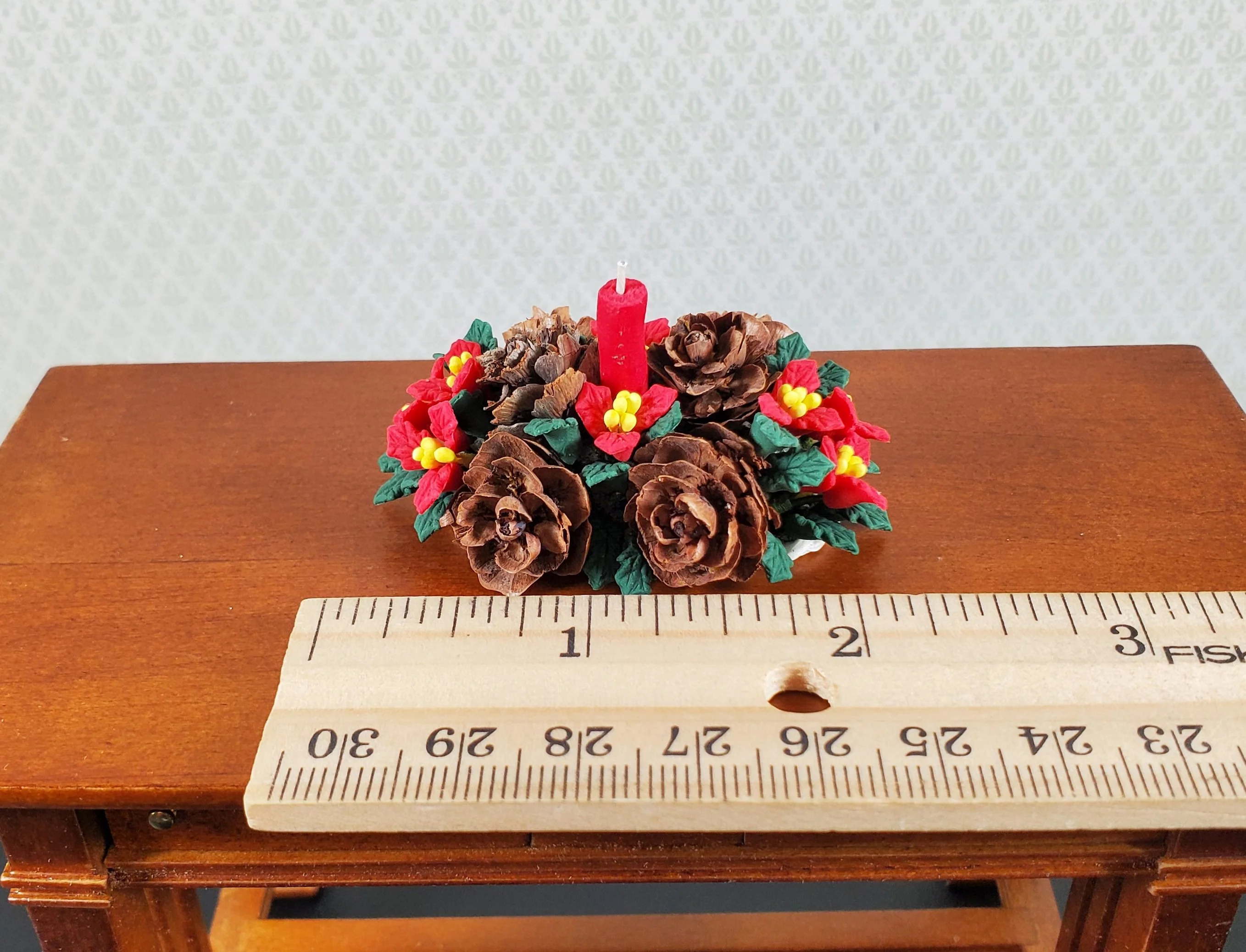 Dollhouse Holiday Centerpiece Red Poinsettias & Pinecones 1:12 Scale Miniature - Image 3