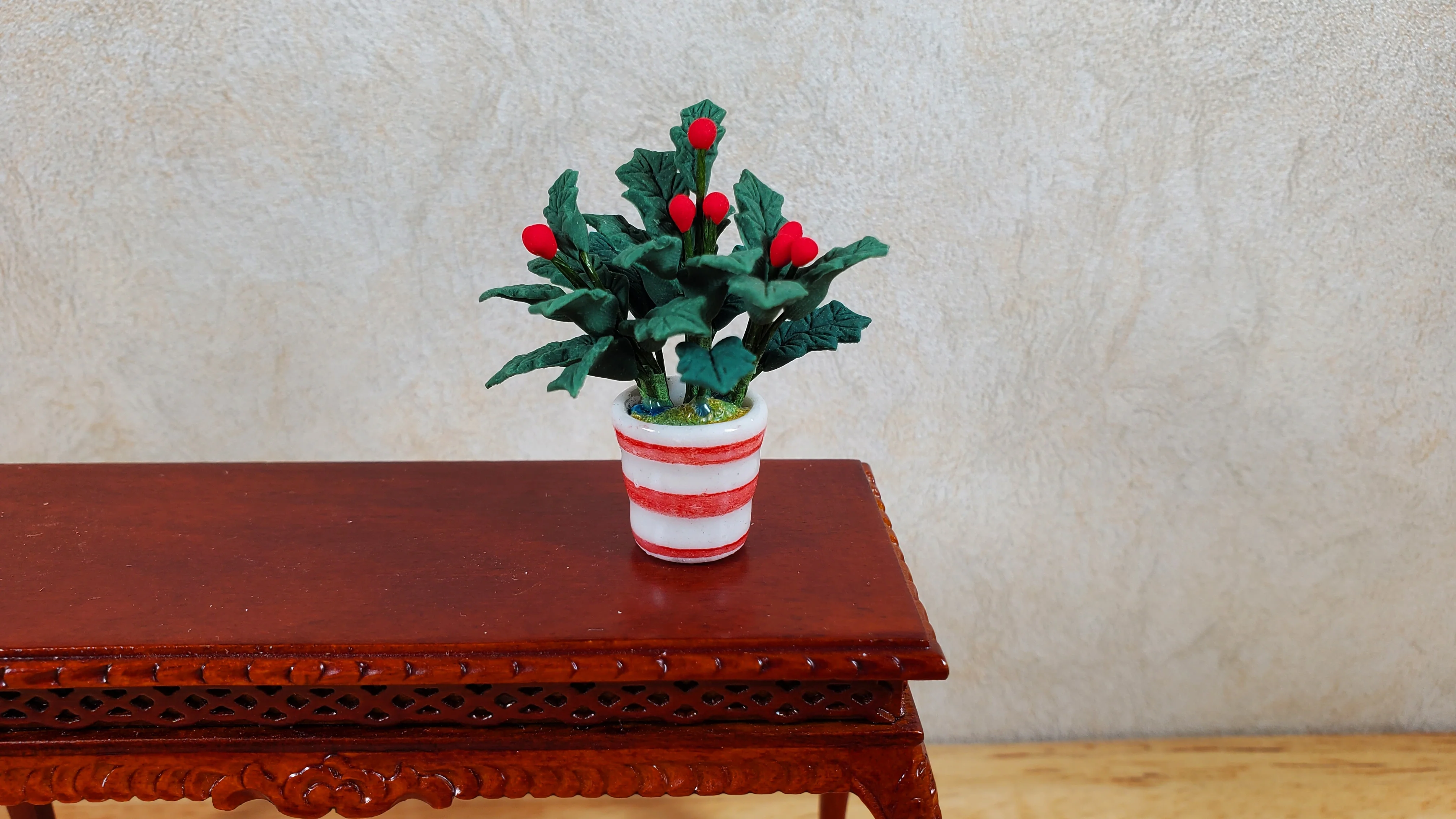 Dollhouse Holly Plant with Berries in a White & Red Pot 1:12 Scale Miniature - Image 2