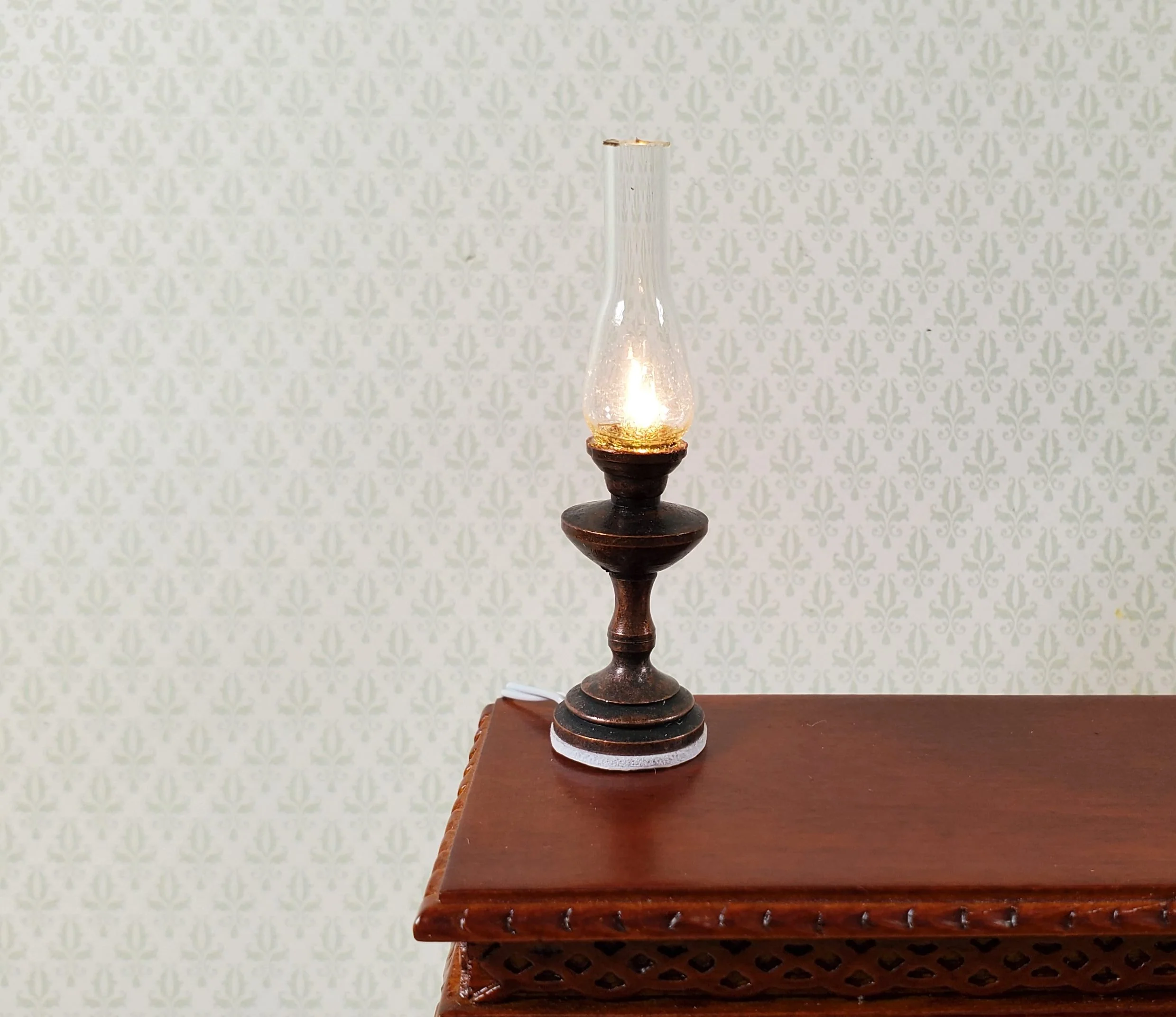 Dollhouse Hurricane Lamp Bronze Finish 12 Volt with Plug 1:12 Scale Lantern
