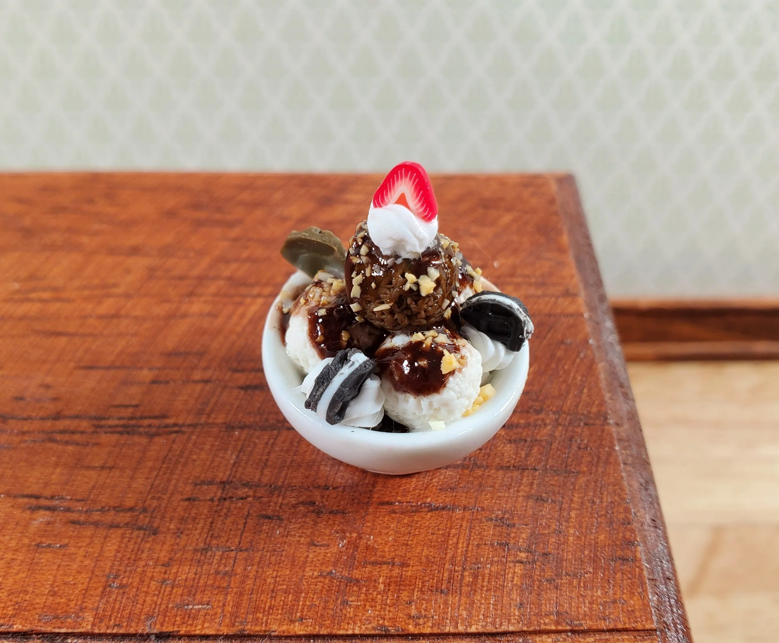 Dollhouse Ice Cream Chocolate Sundae in Round Ceramic Bowl LARGE Miniature Food - Image 2