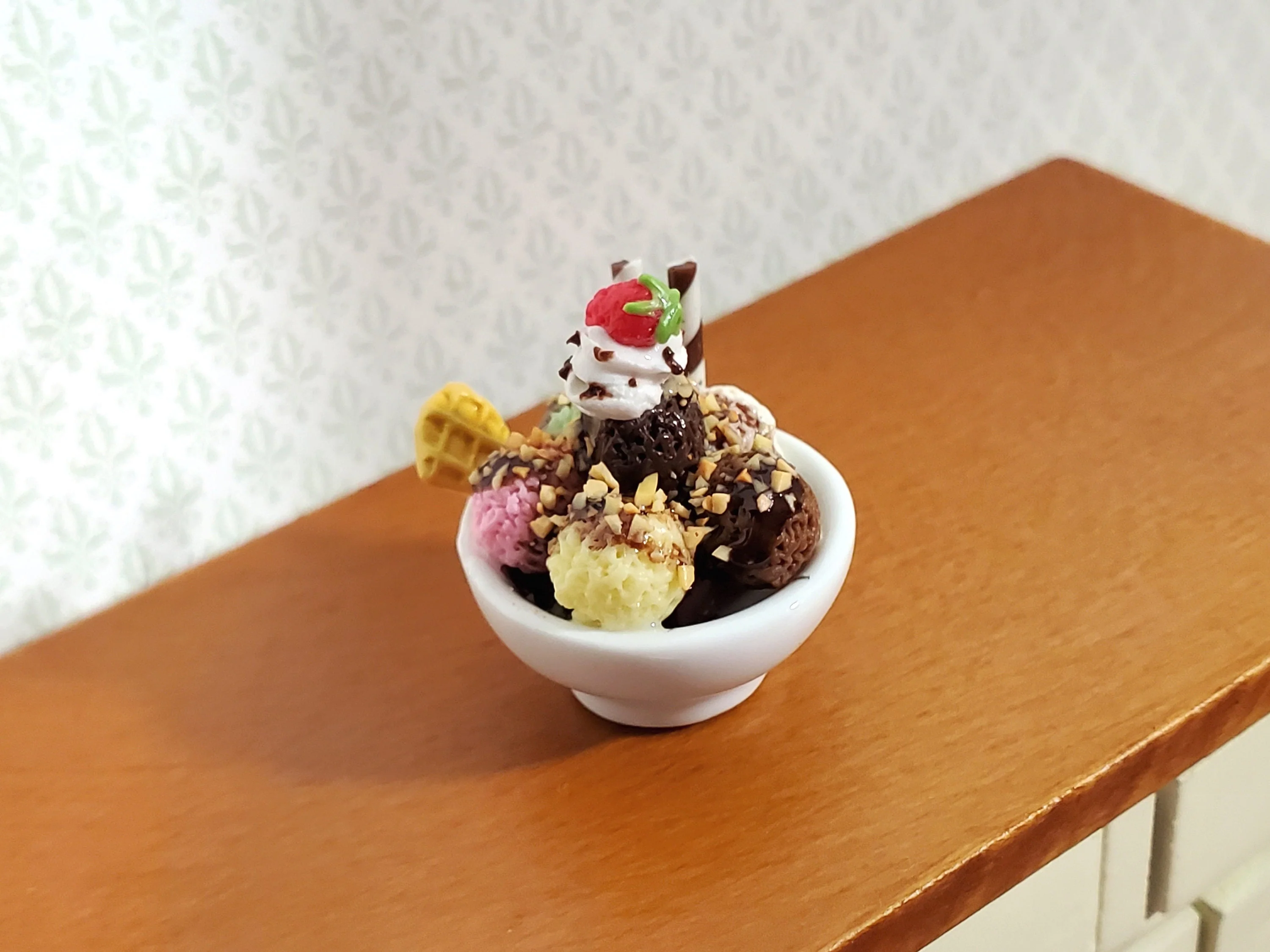 Dollhouse Ice Cream Sundae in Round Ceramic Bowl LARGE Miniature Dessert Food