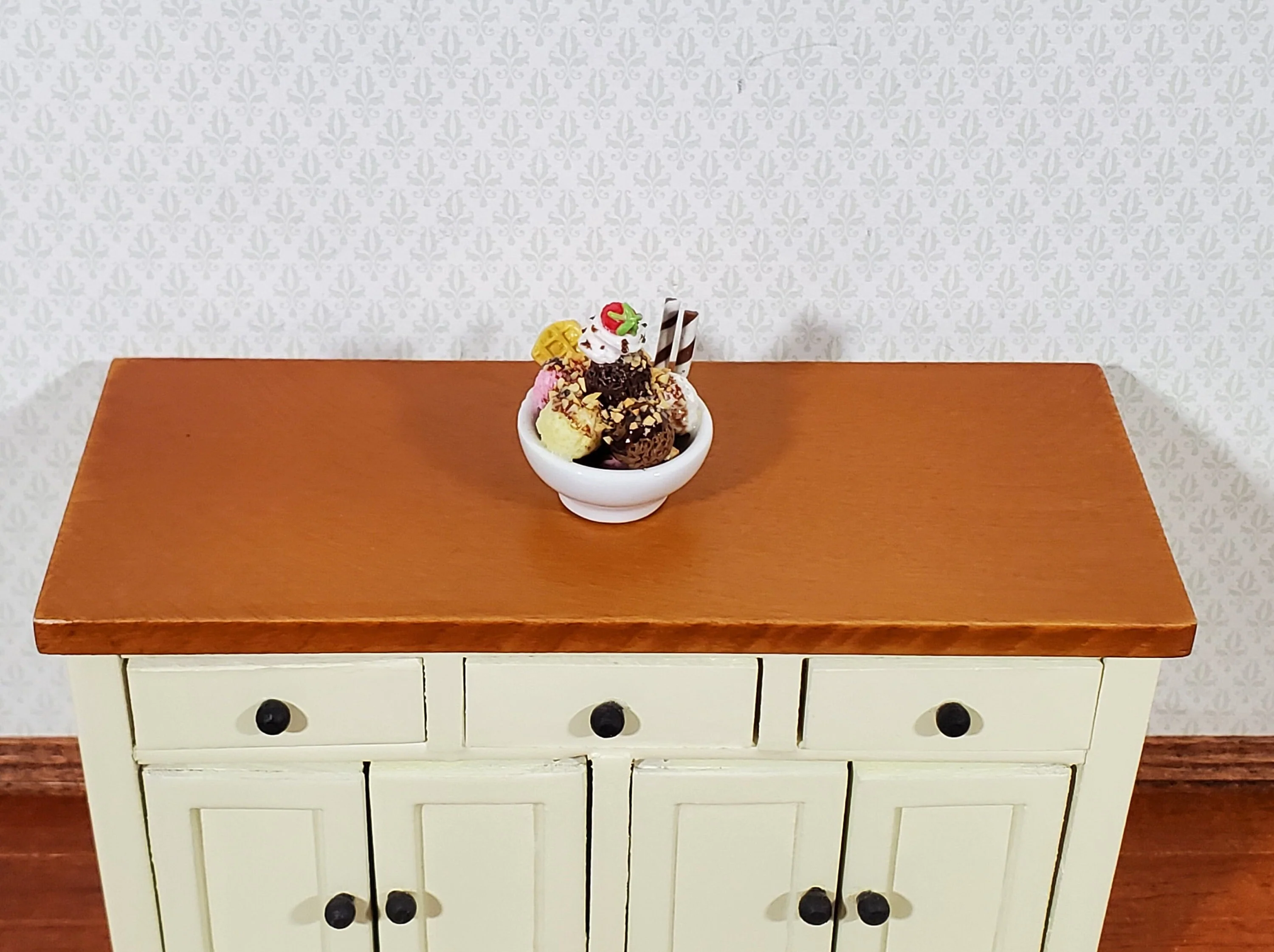 Dollhouse Ice Cream Sundae in Round Ceramic Bowl LARGE Miniature Dessert Food - Image 2