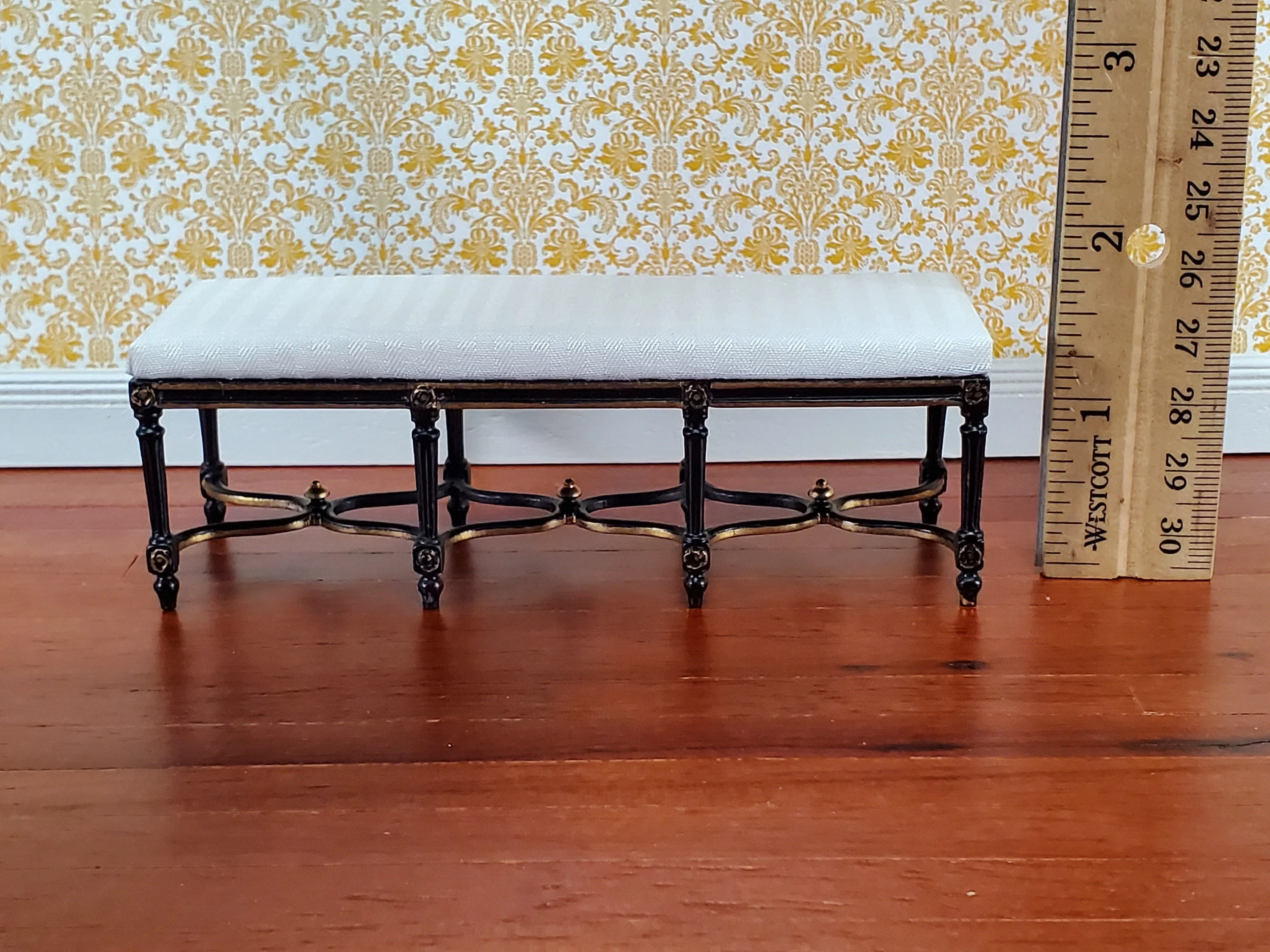 Dollhouse JBM Long Bench Black & Gold White Padded Seat 1:12 Scale Furniture - Image 4