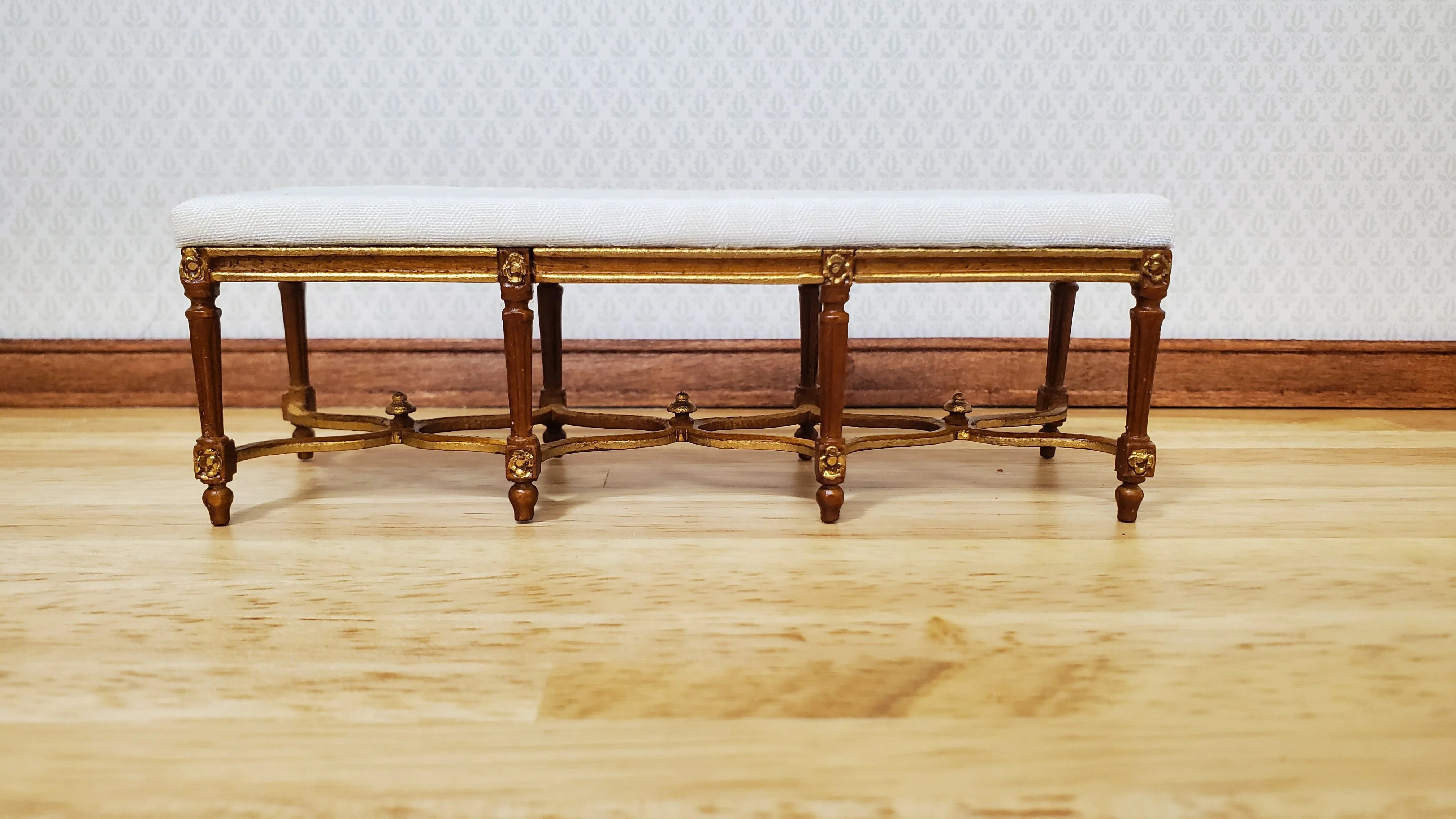 Dollhouse JBM Long Bench Walnut Finish White Padded Seat 1:12 Scale Furniture - Image 2