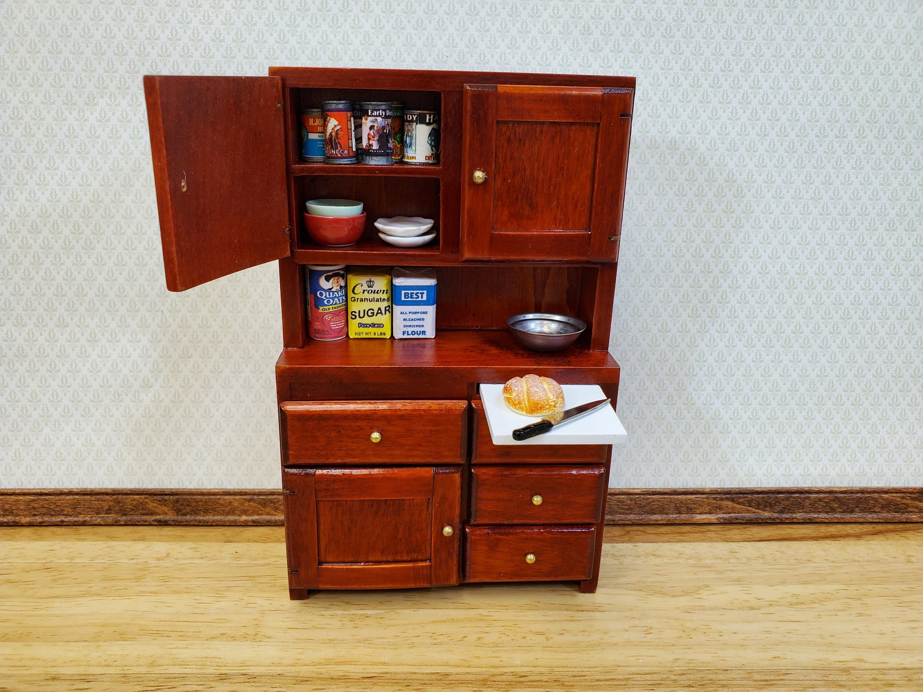 Dollhouse Kitchen Cabinet w/ Cutting Board 1:12 Scale Miniature Furniture Mahogany Finish - Image 4
