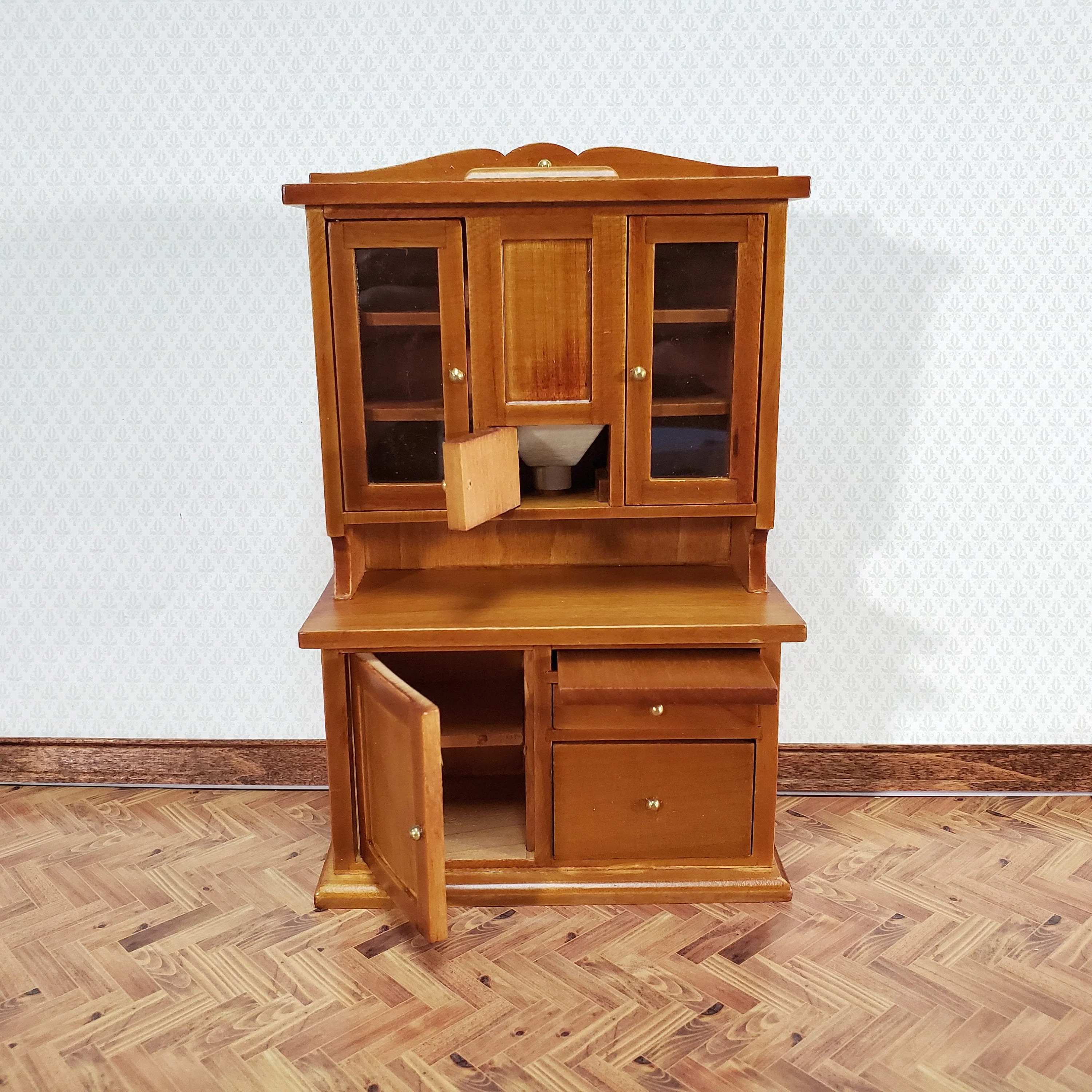 Dollhouse Kitchen Cabinet w/ Flour Bin 1:12 Scale Miniature Furniture Walnut Finish - Image 3