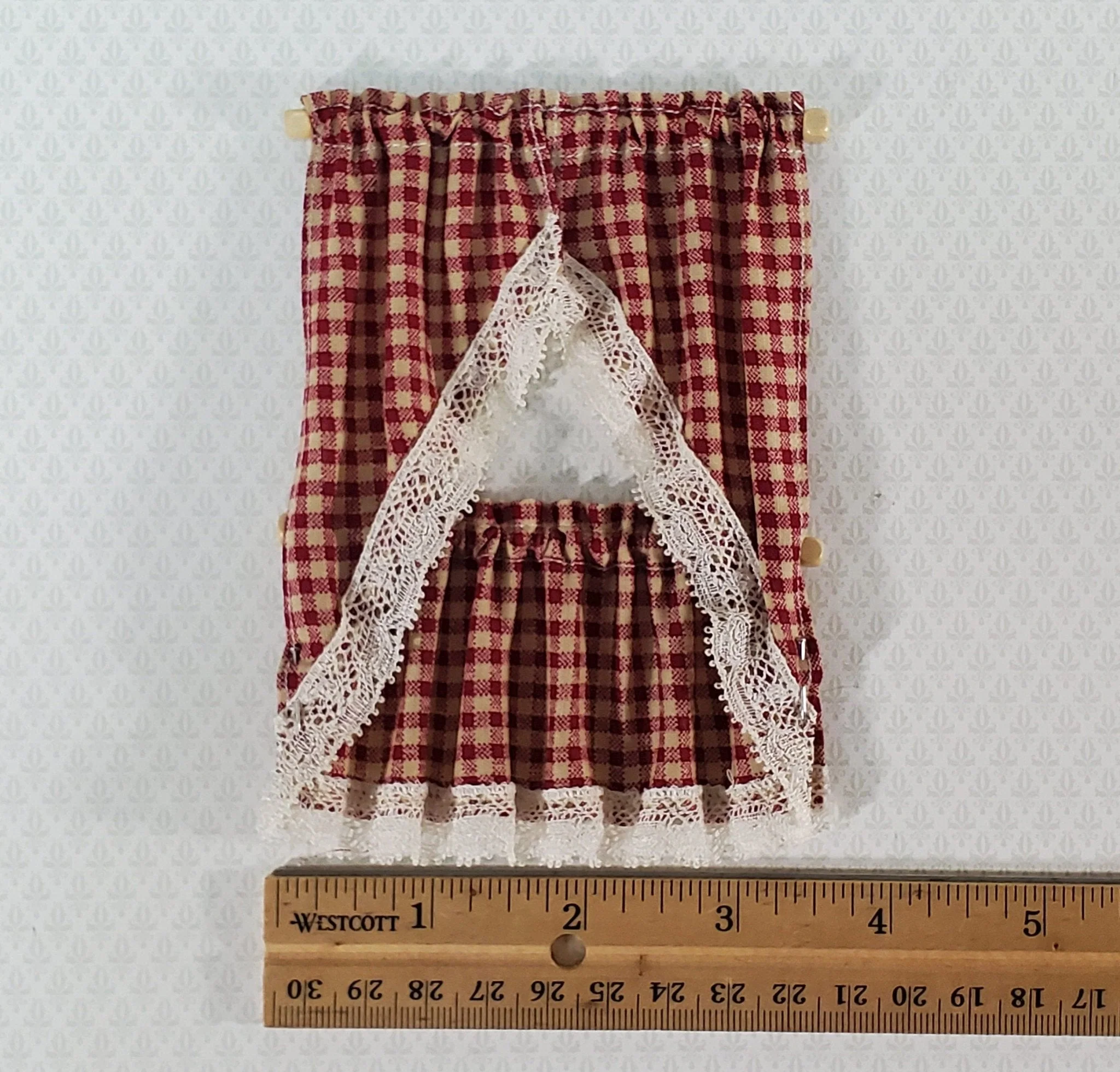 Dollhouse Kitchen Cafe Curtains Red Checked with Lace and Curtain Rod 1:12 Scale - Image 3