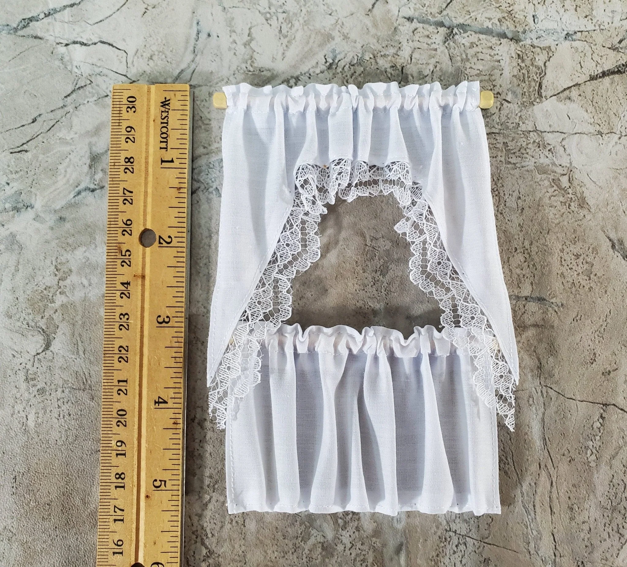 Dollhouse Kitchen Cafe Curtains White with Lace Curtain Rod 1:12 Scale - Image 4