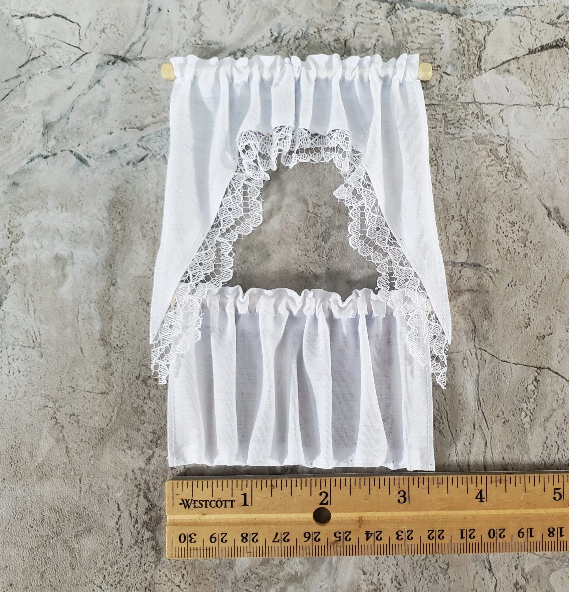 Dollhouse Kitchen Cafe Curtains White with Lace Curtain Rod 1:12 Scale - Image 5