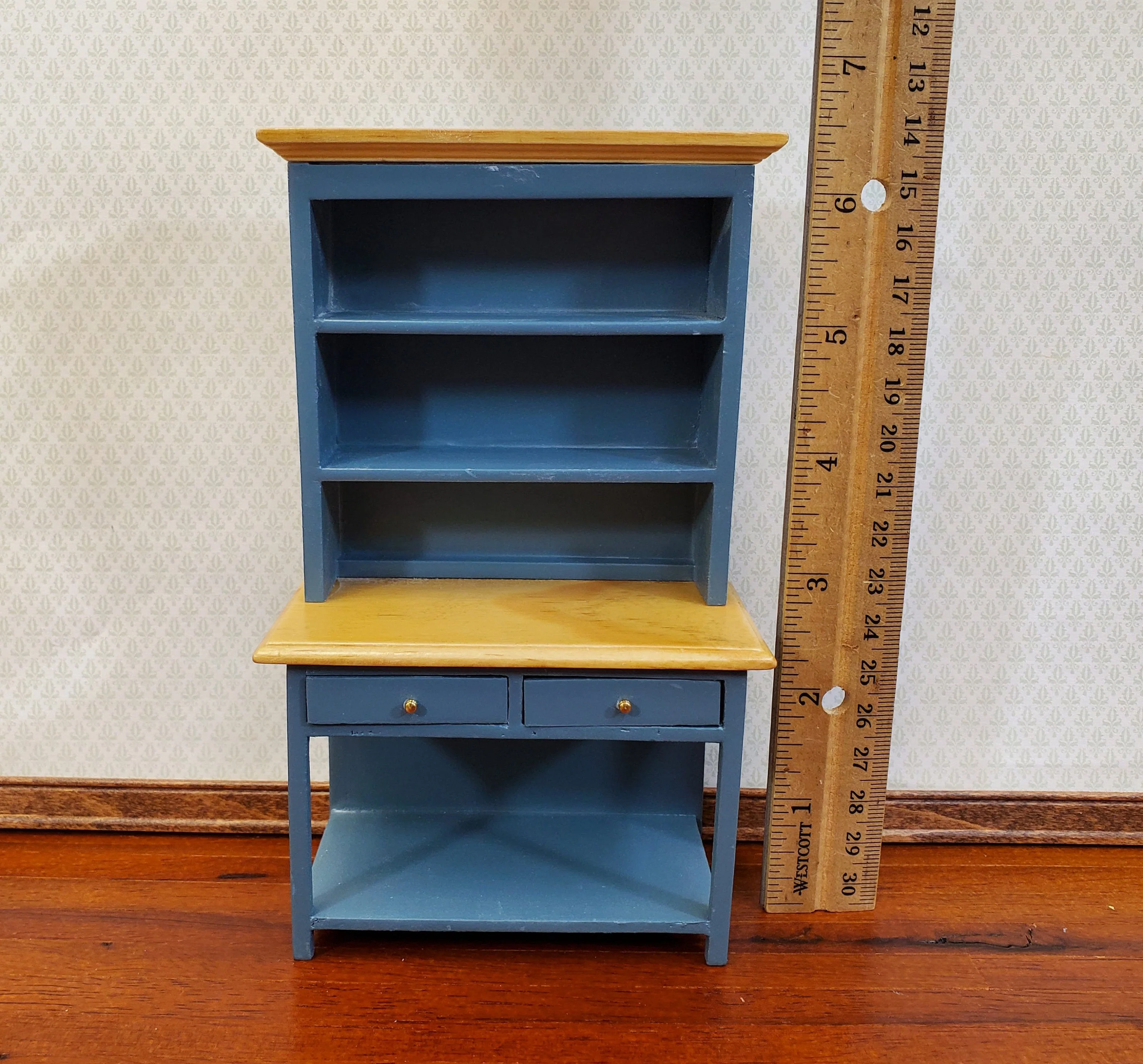 Dollhouse Kitchen Hutch Cabinet Cupboard 1:12 Scale Blue Gray Finish - Image 5