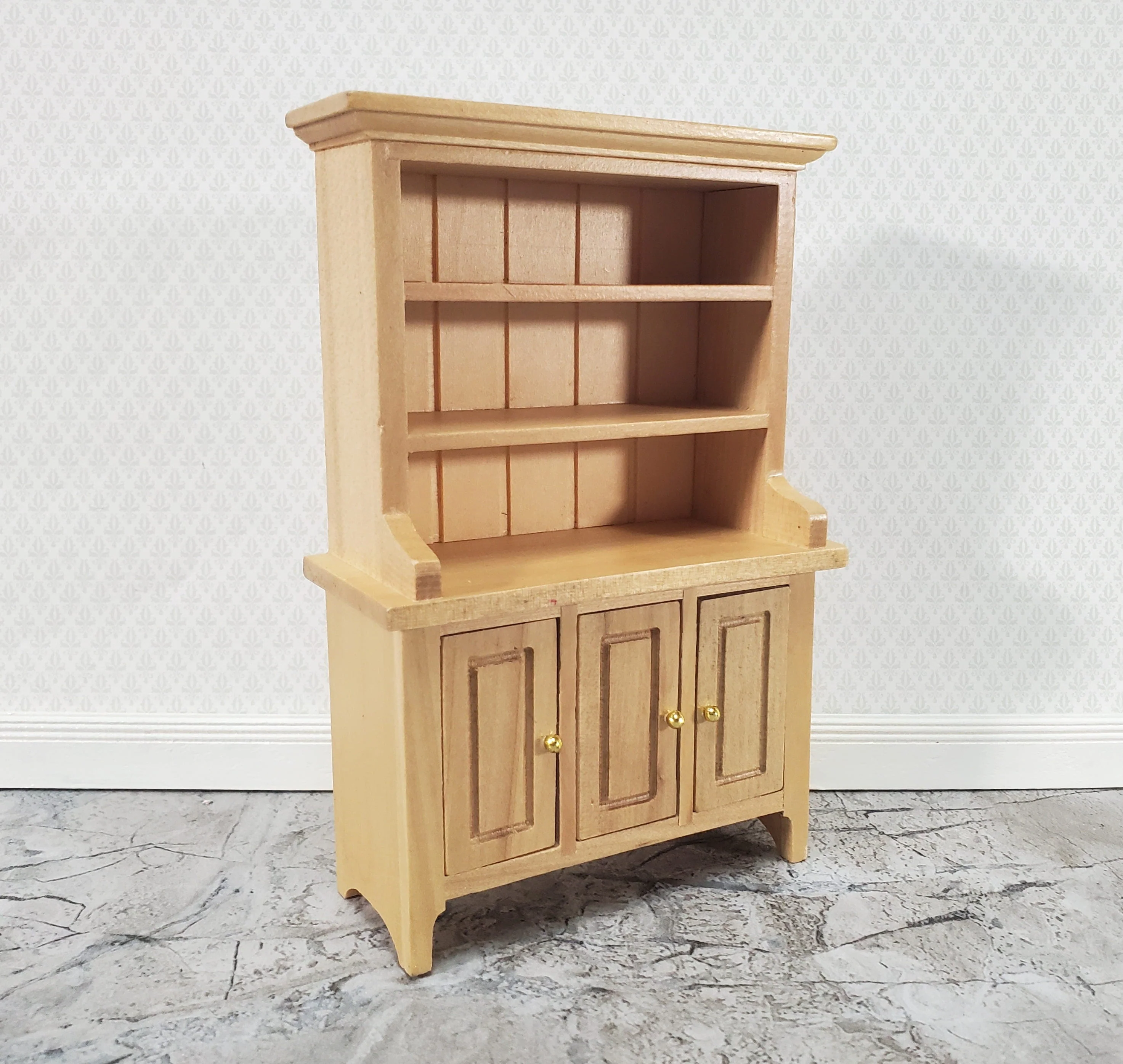 Dollhouse Kitchen Hutch Cabinet with Shelves Light Oak Finish 1:12 Scale Miniature Furniture