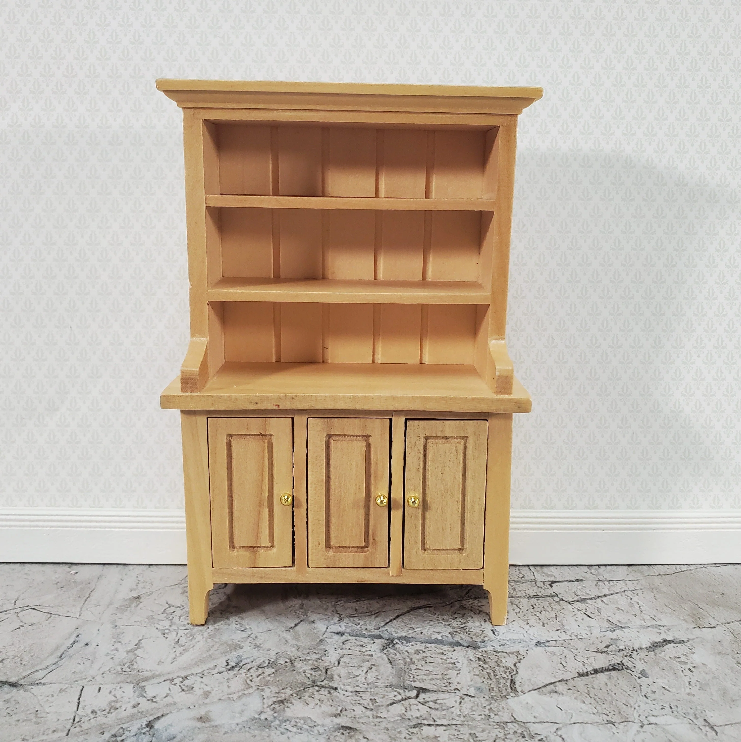 Dollhouse Kitchen Hutch Cabinet with Shelves Light Oak Finish 1:12 Scale Miniature Furniture - Image 2