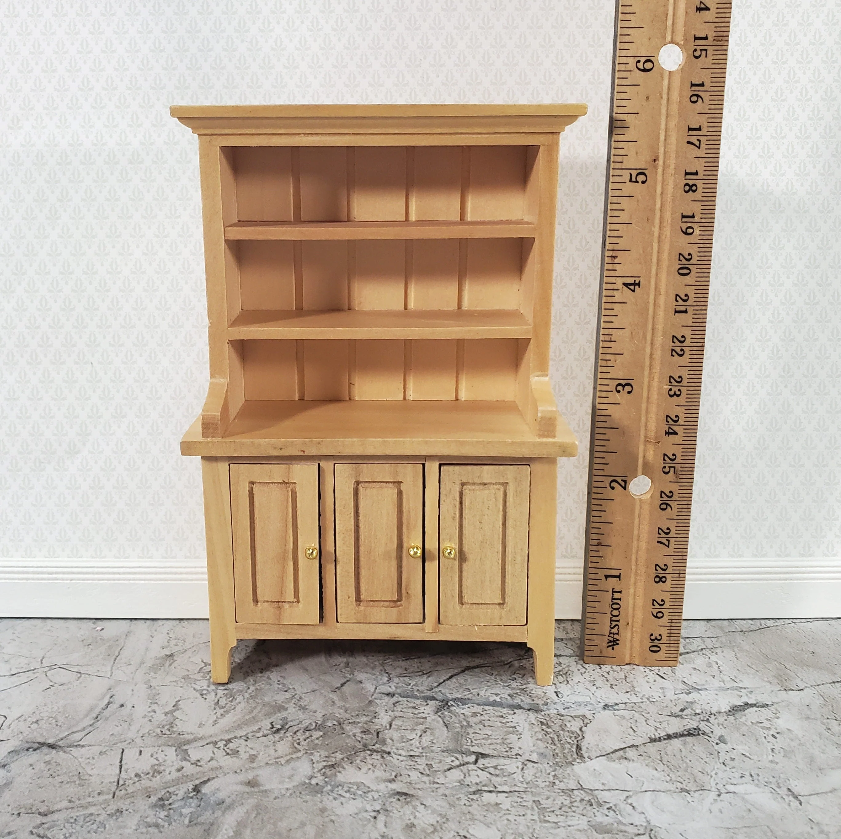 Dollhouse Kitchen Hutch Cabinet with Shelves Light Oak Finish 1:12 Scale Miniature Furniture - Image 4