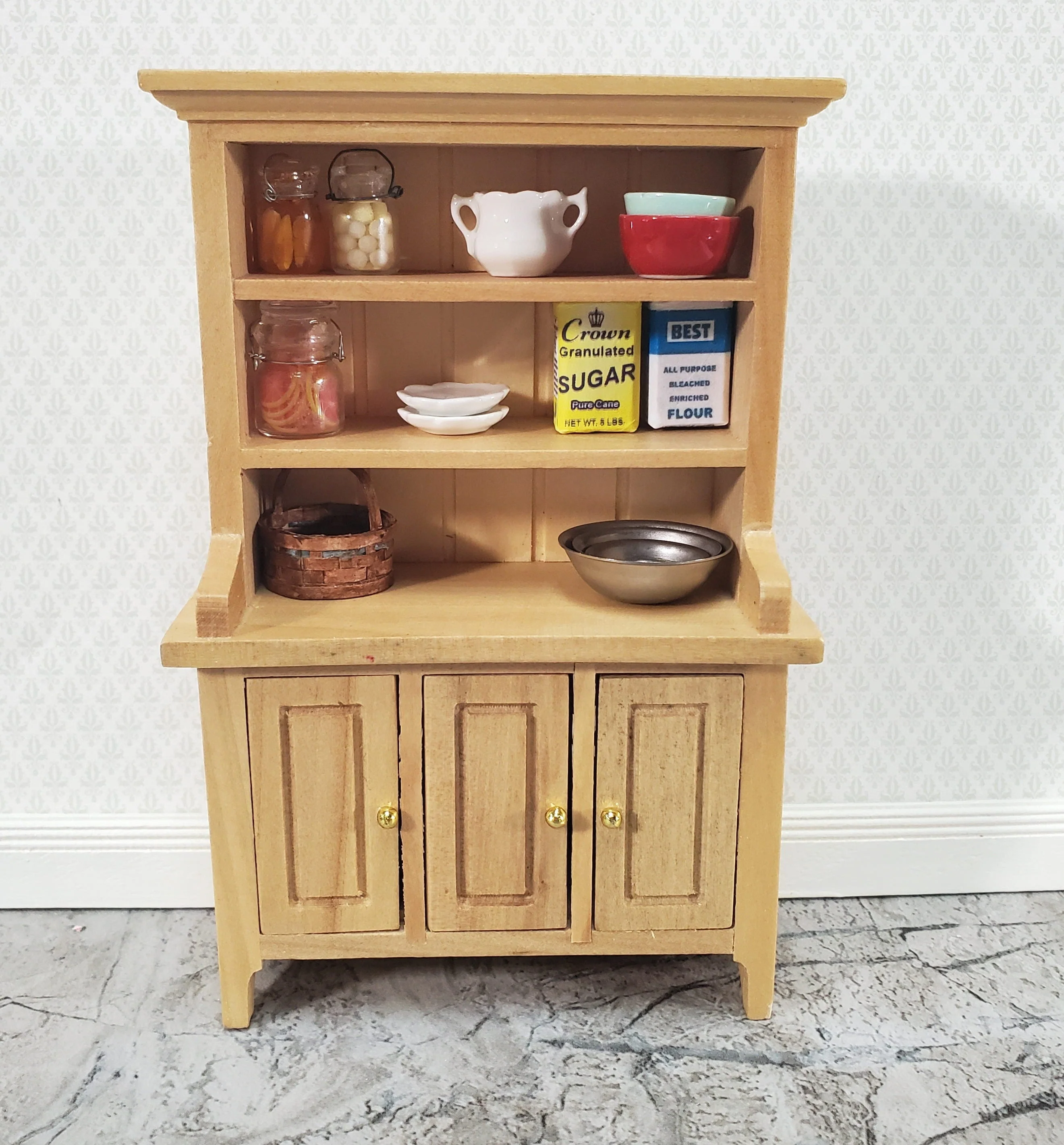 Dollhouse Kitchen Hutch Cabinet with Shelves Light Oak Finish 1:12 Scale Miniature Furniture - Image 5